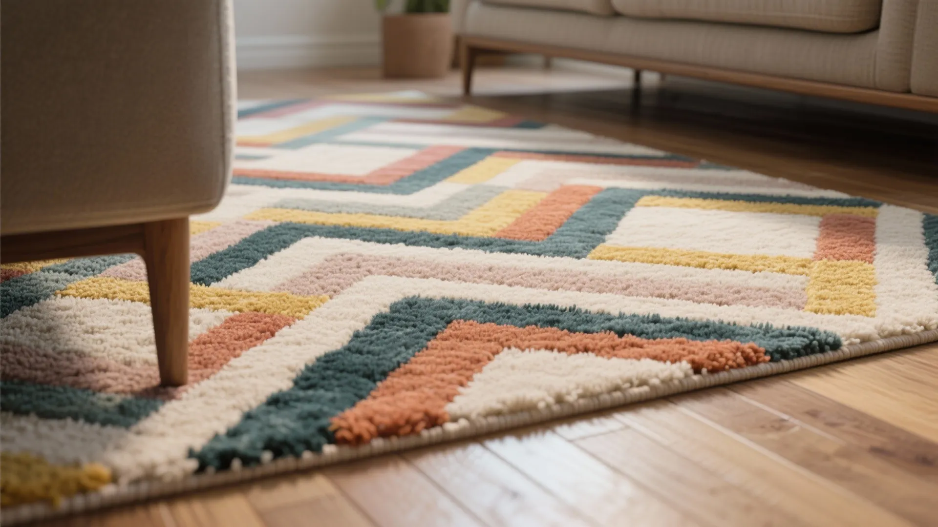 Close up view of a colorful geometric pattern rug on a light wood floor surface