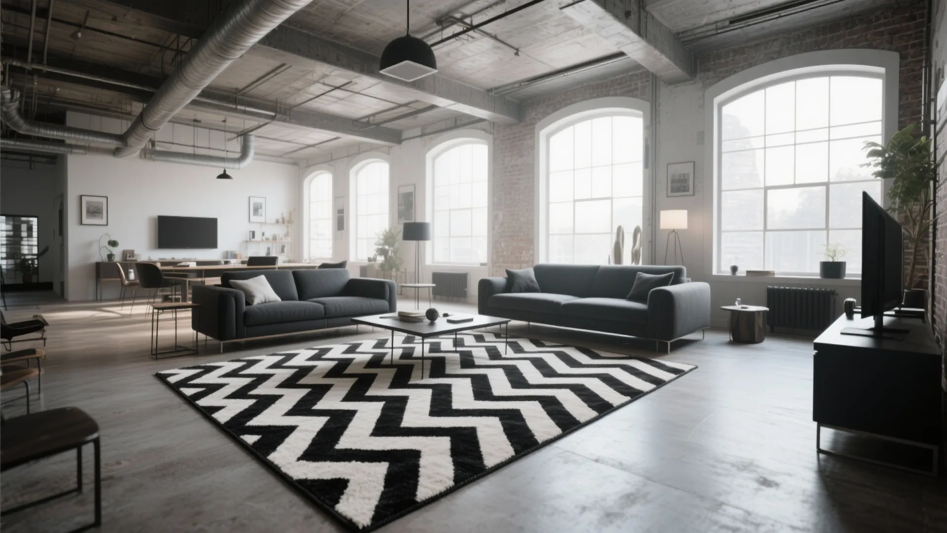 Industrial living room with black sofa grey concrete ceiling and large black and white rug
