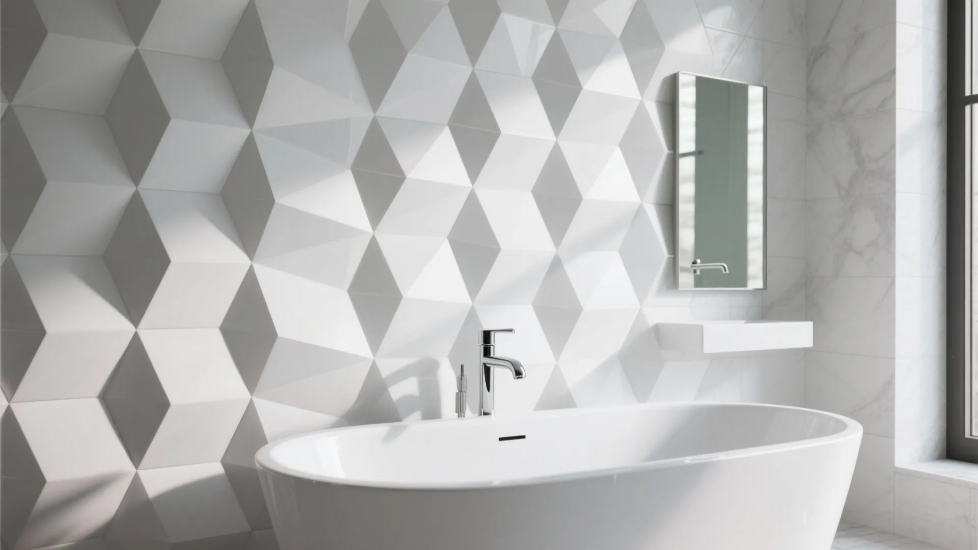 White bathtub against geometric wall tiles with silver faucet small mirror and bright natural light