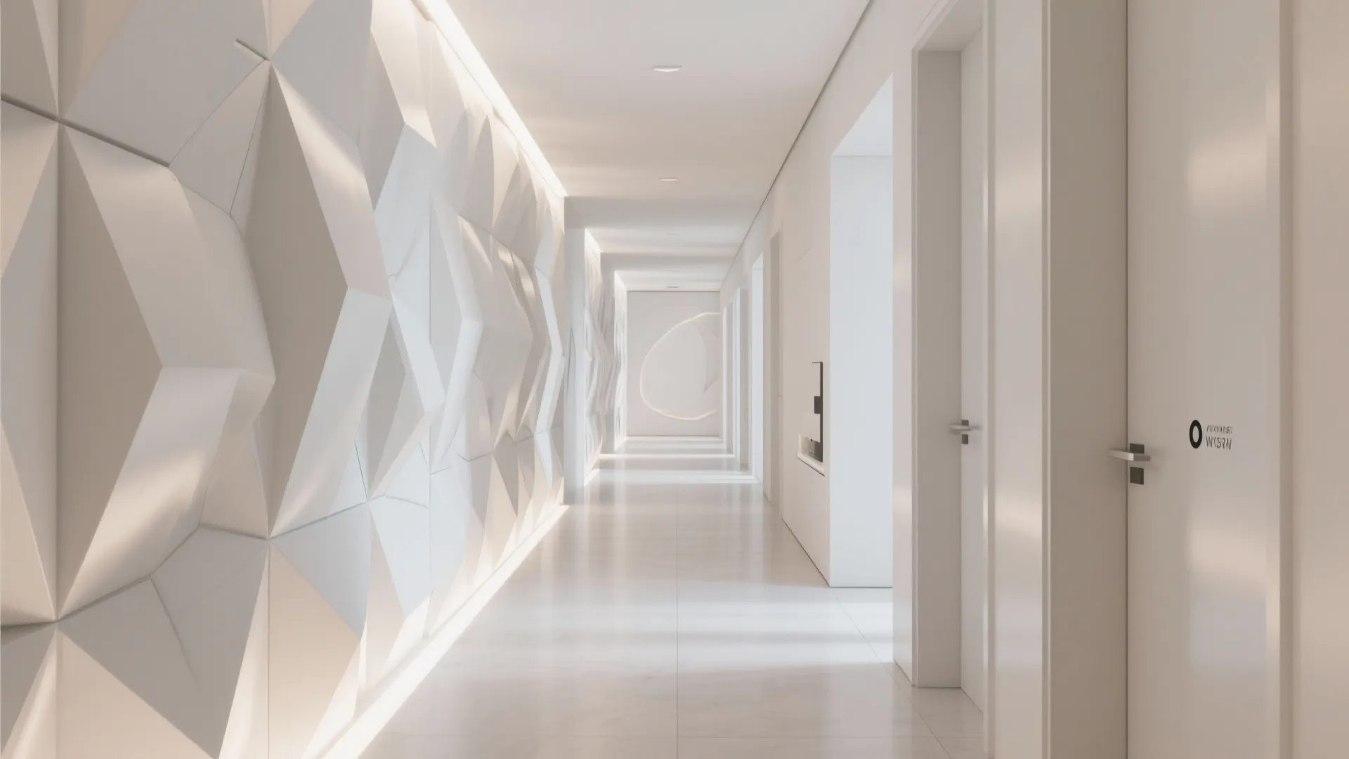 Futuristic white hallway with geometric wall panels and soft hidden light for a clean look