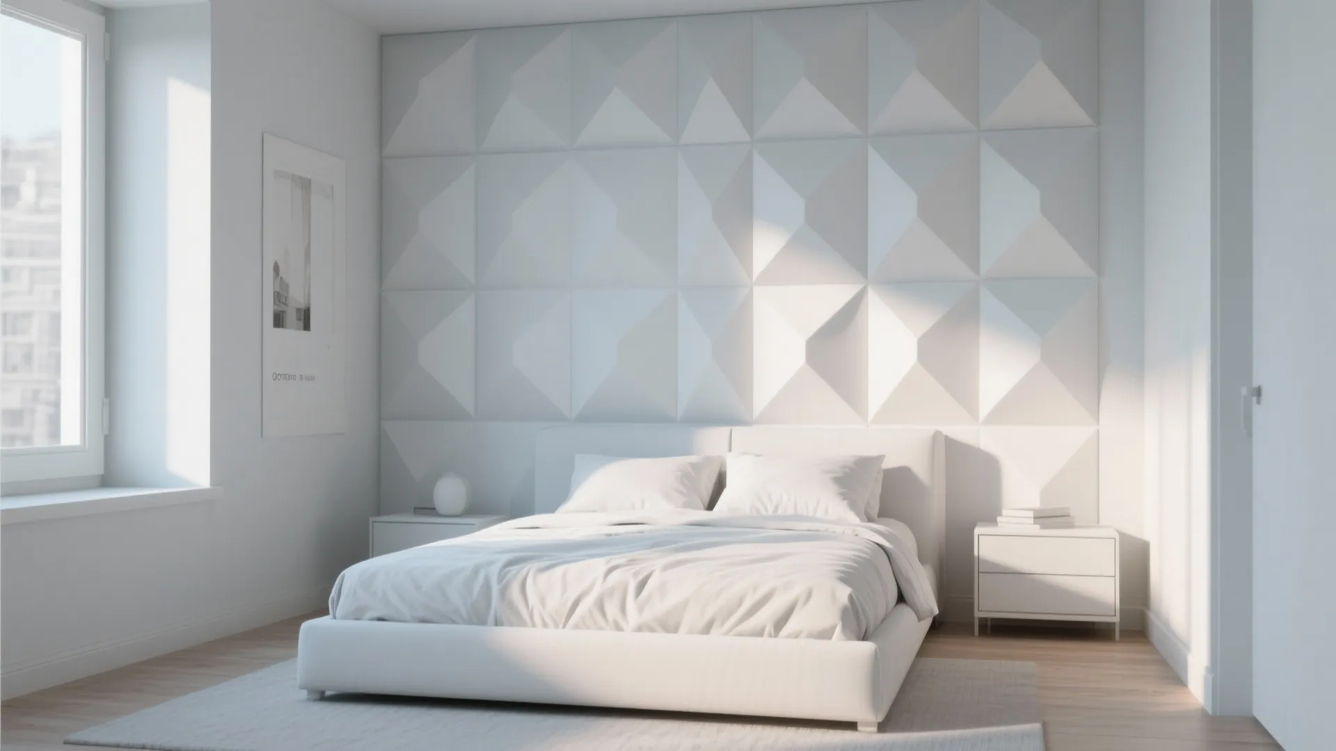 Modern white bedroom featuring large geometric wall panel behind a white bed with soft morning light