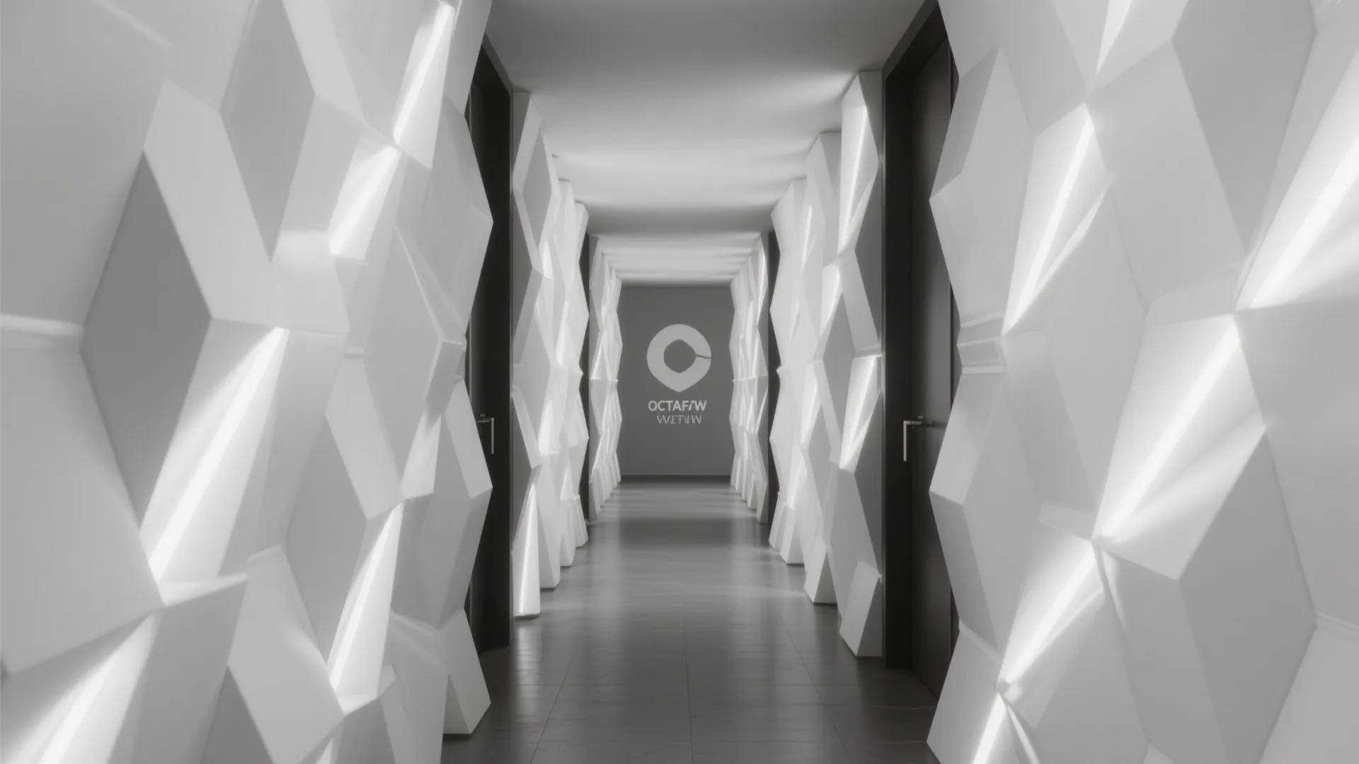 Narrow hallway with matte white geometric 3D wall panels and LED lighting