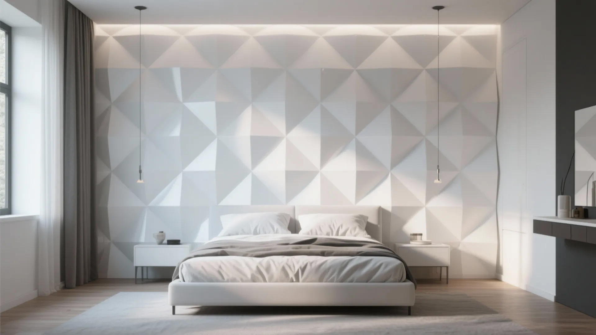 Modern white bedroom with geometric wall panel design plus two side tables and hanging lights