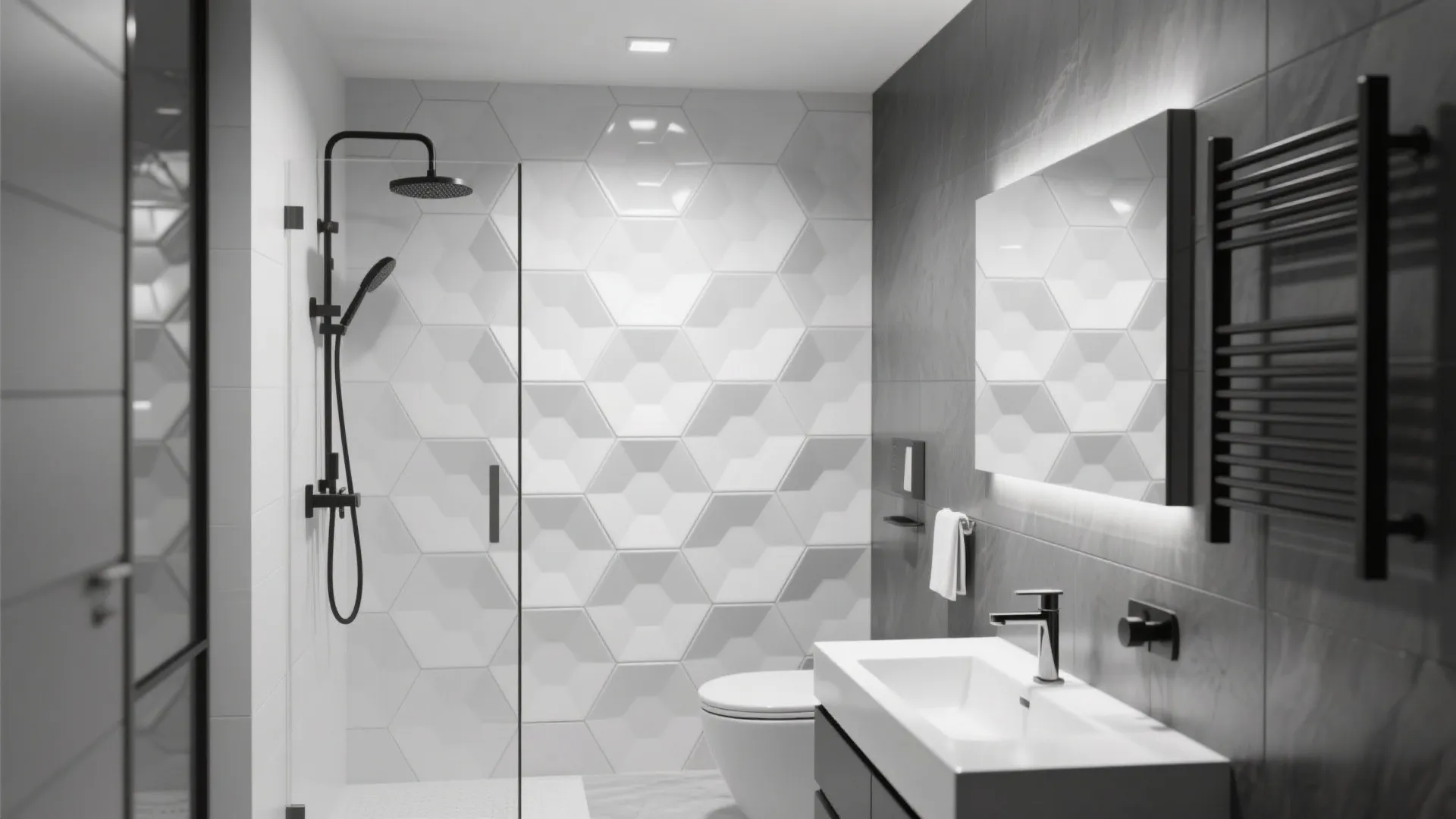 Modern bathroom design with white hexagonal wall tiles black shower head and a lit mirror