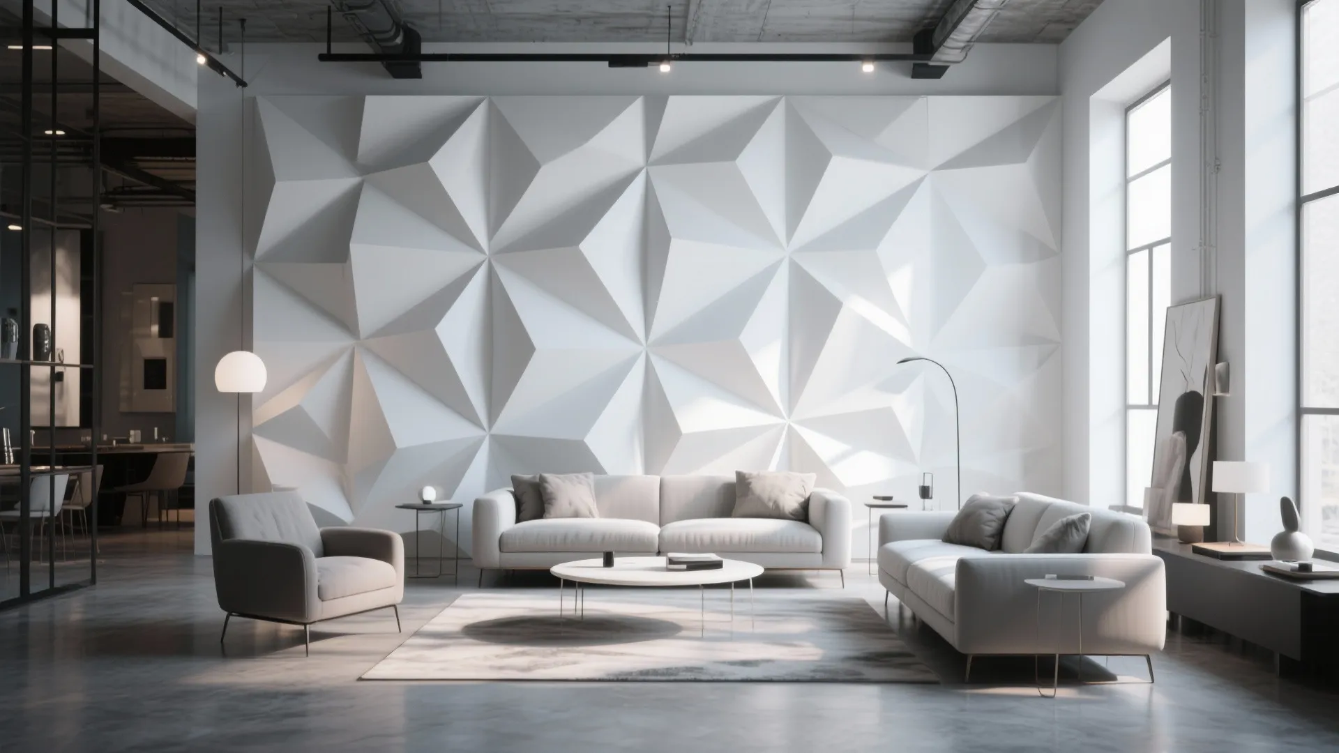 Living room with white geometric wall panel, two sofas, round coffee table, and large window