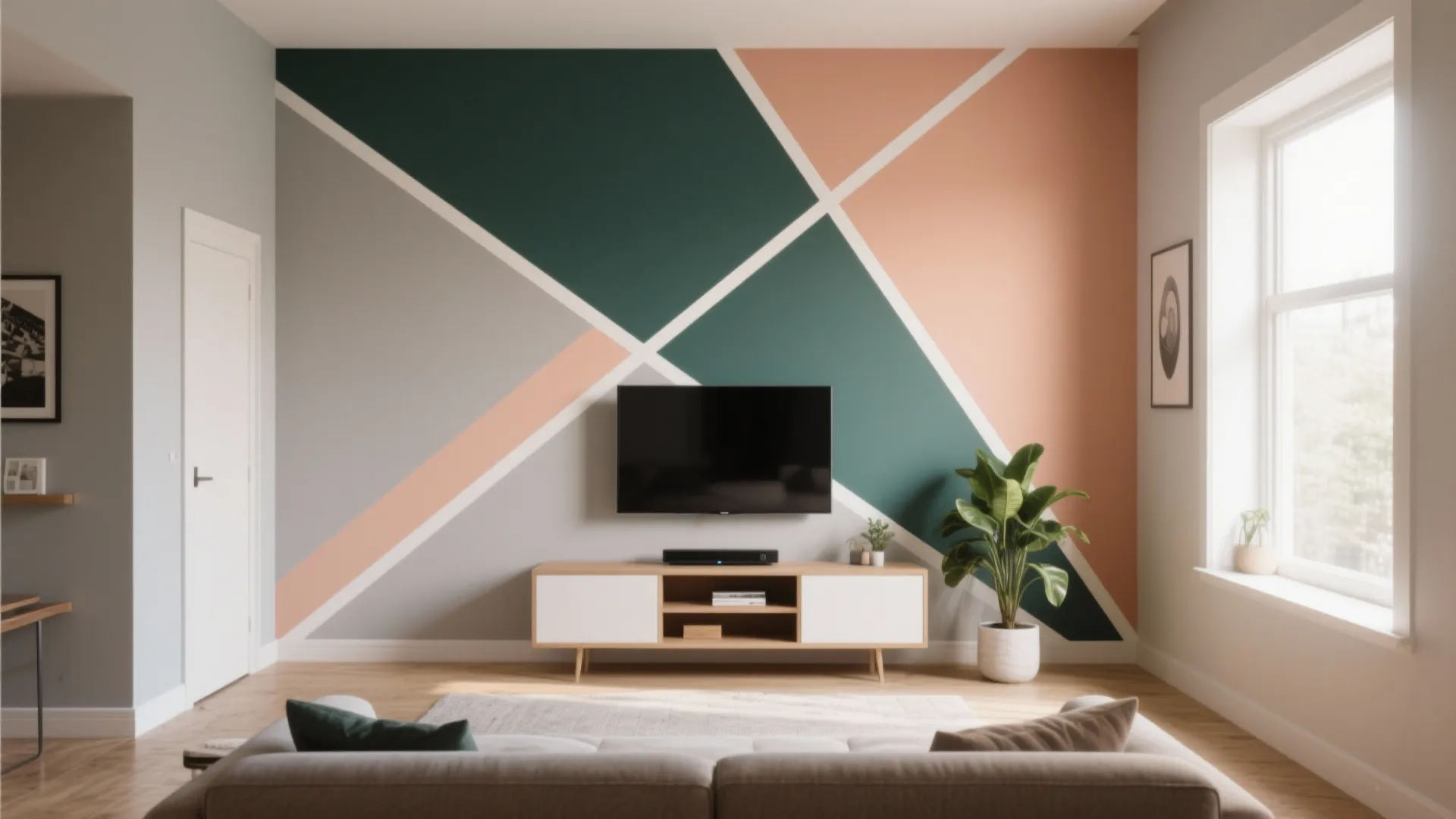 Modern living room featuring a geometric painted accent wall with green pink and grey shapes