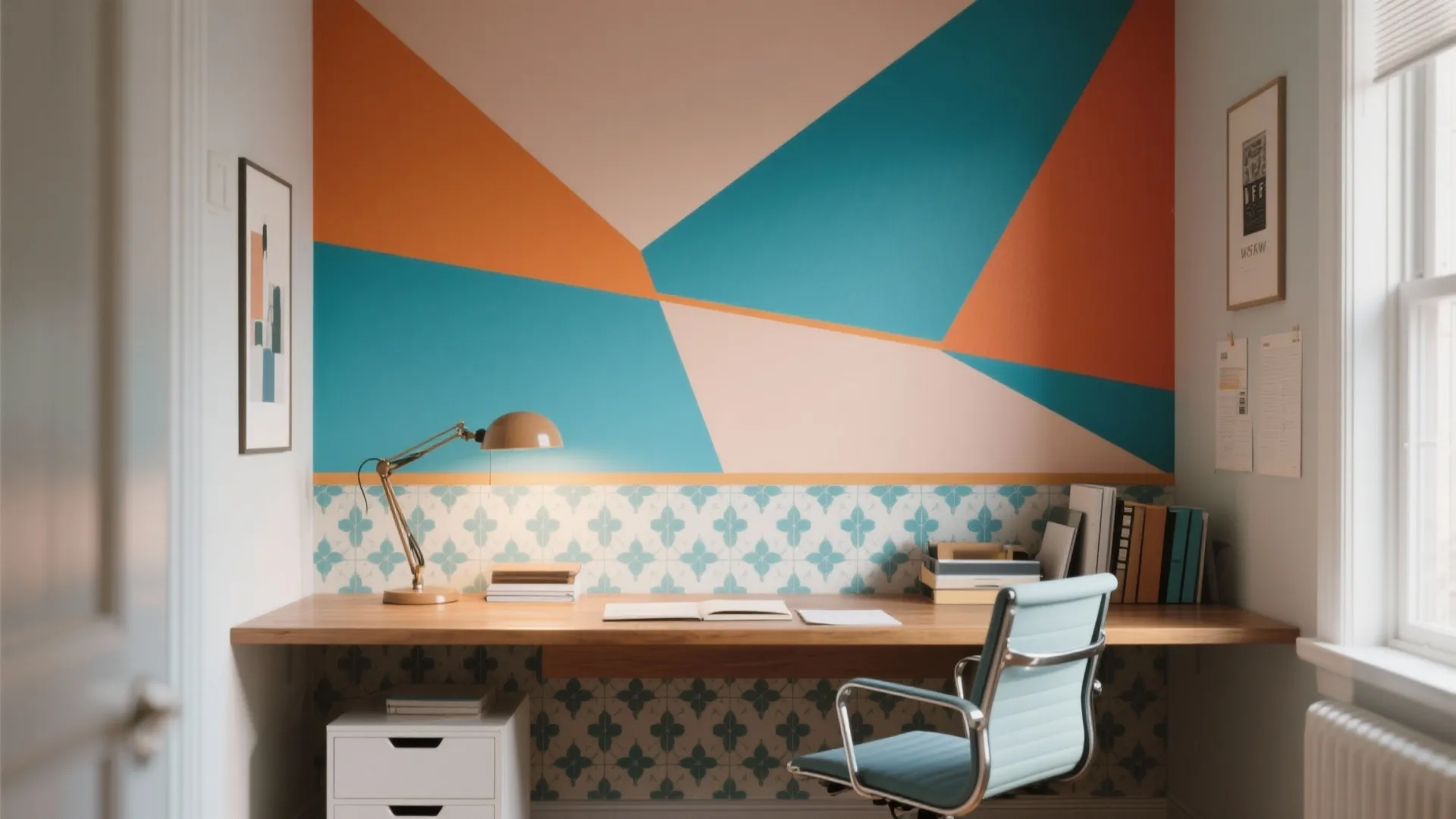 Small office with a bold geometric painted band behind the desk and patterned lower-wall wallpaper creating a focal point.