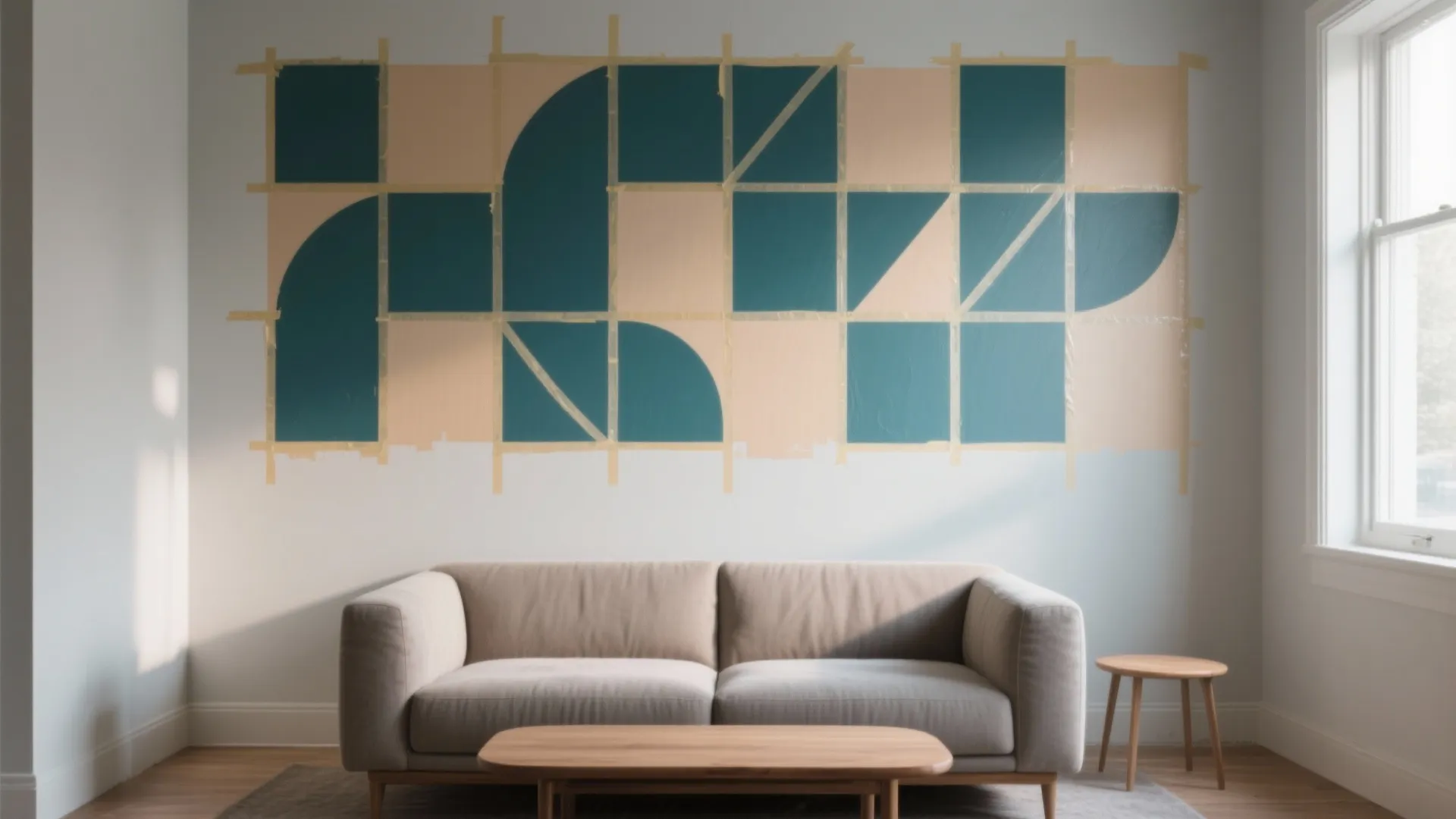 Modern living room featuring a geometric wall pattern above a sofa coffee table and rug