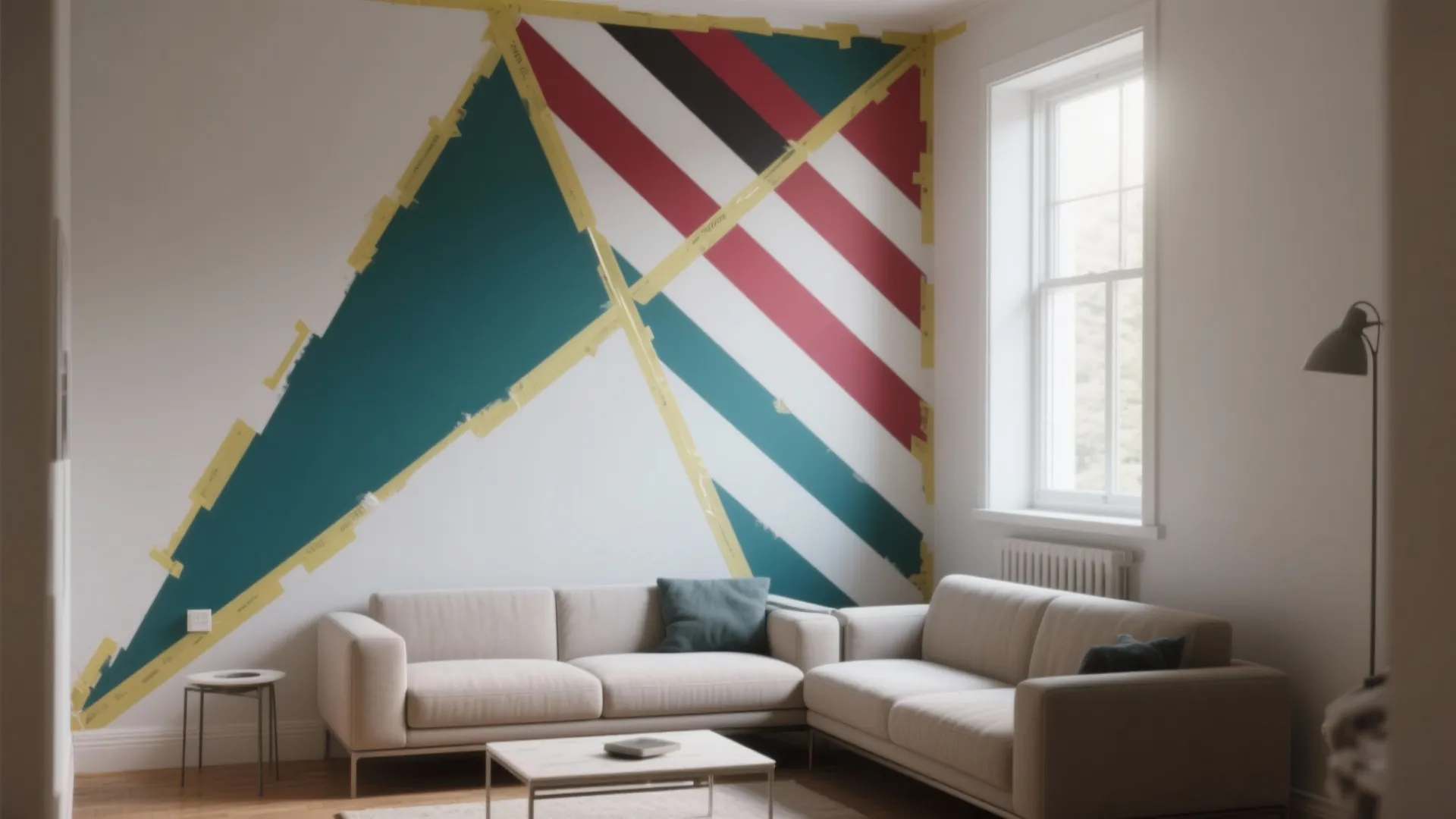 Modern living room with beige sofa and wall painting process using yellow tape and paint