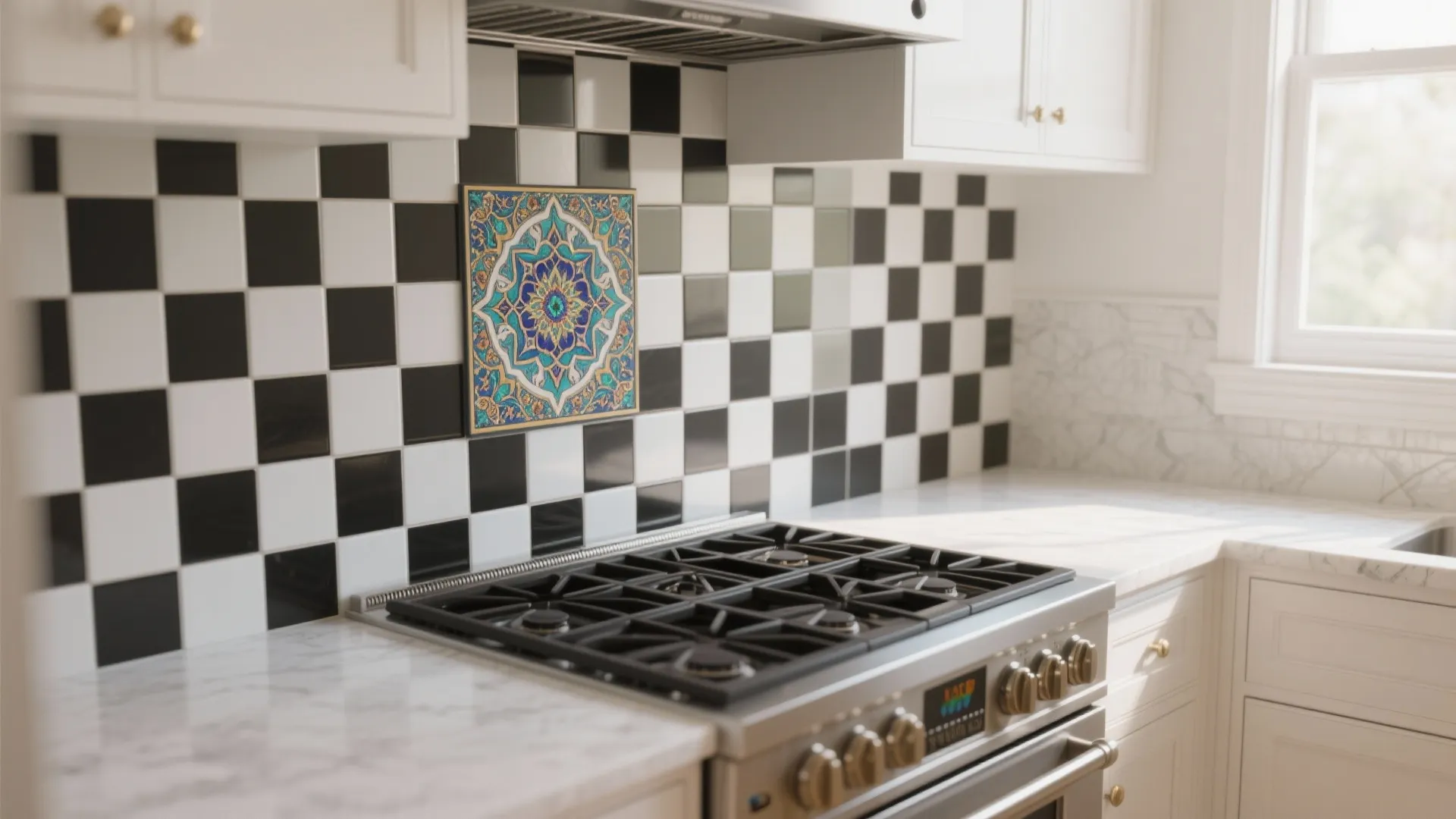 Narrow backsplash strip with black-and-white hexagon tiles and a jewel-toned inset in a white kitchen.