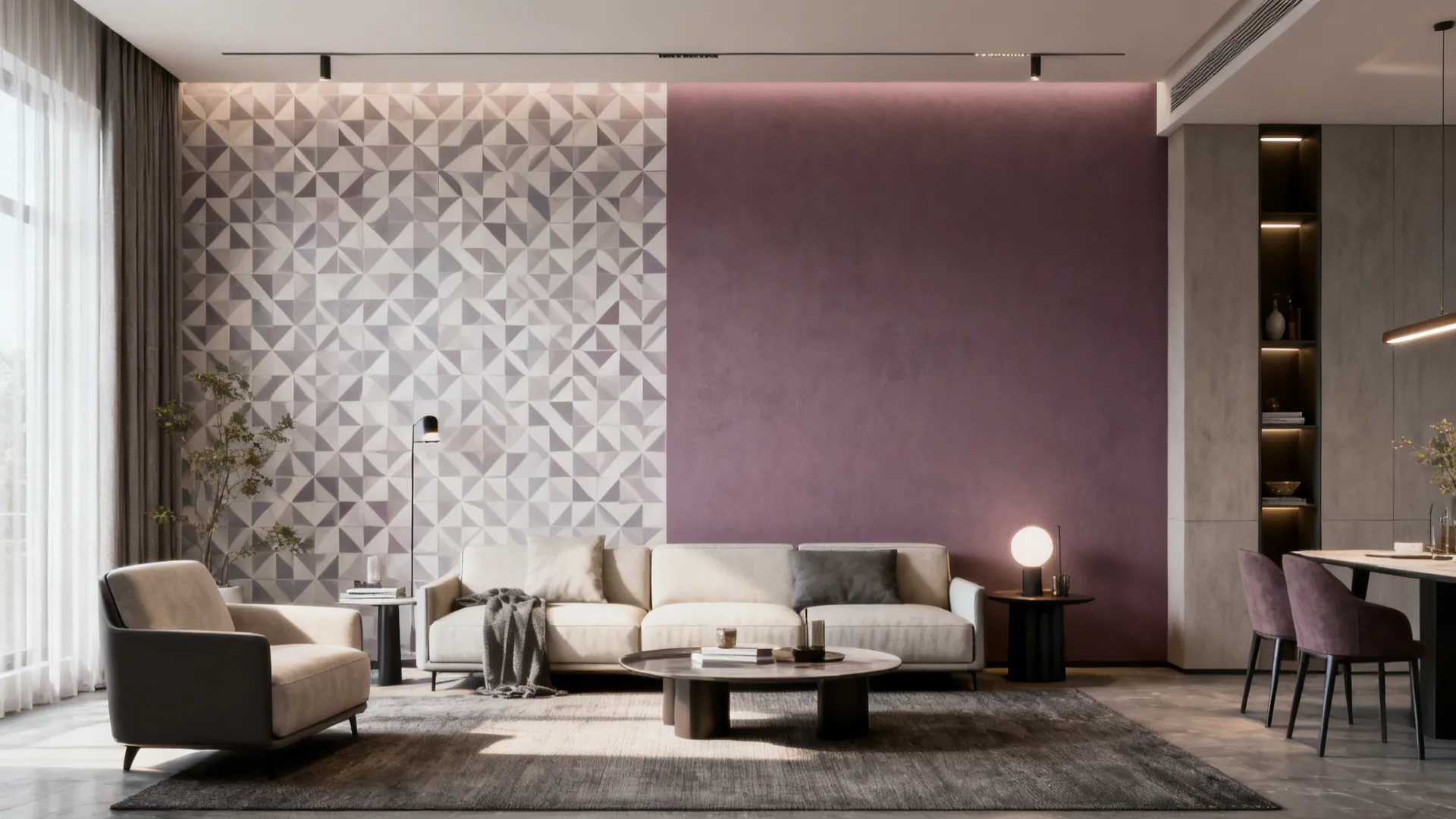 Contemporary living room with a subtle two-tone geometric accent wall and minimalist furniture.