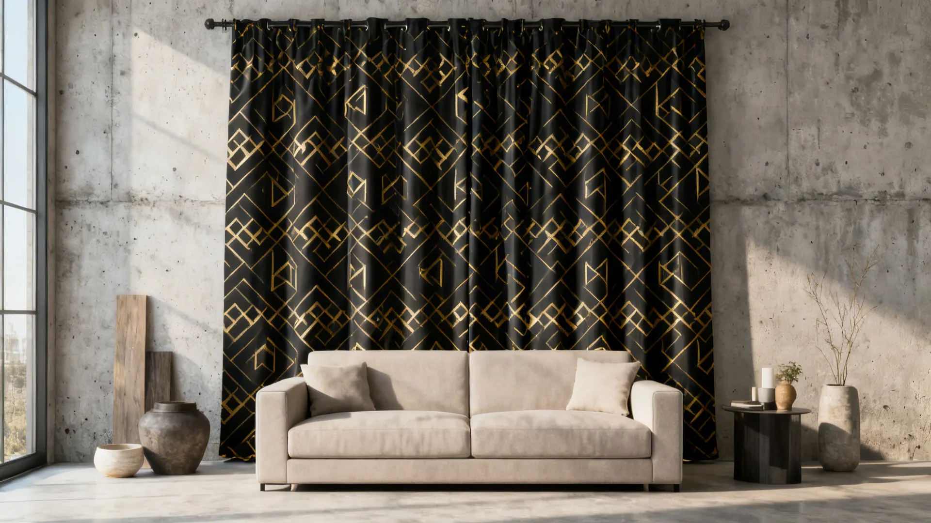 Modern living room with beige sofa against black curtains featuring gold geometric patterns and wall