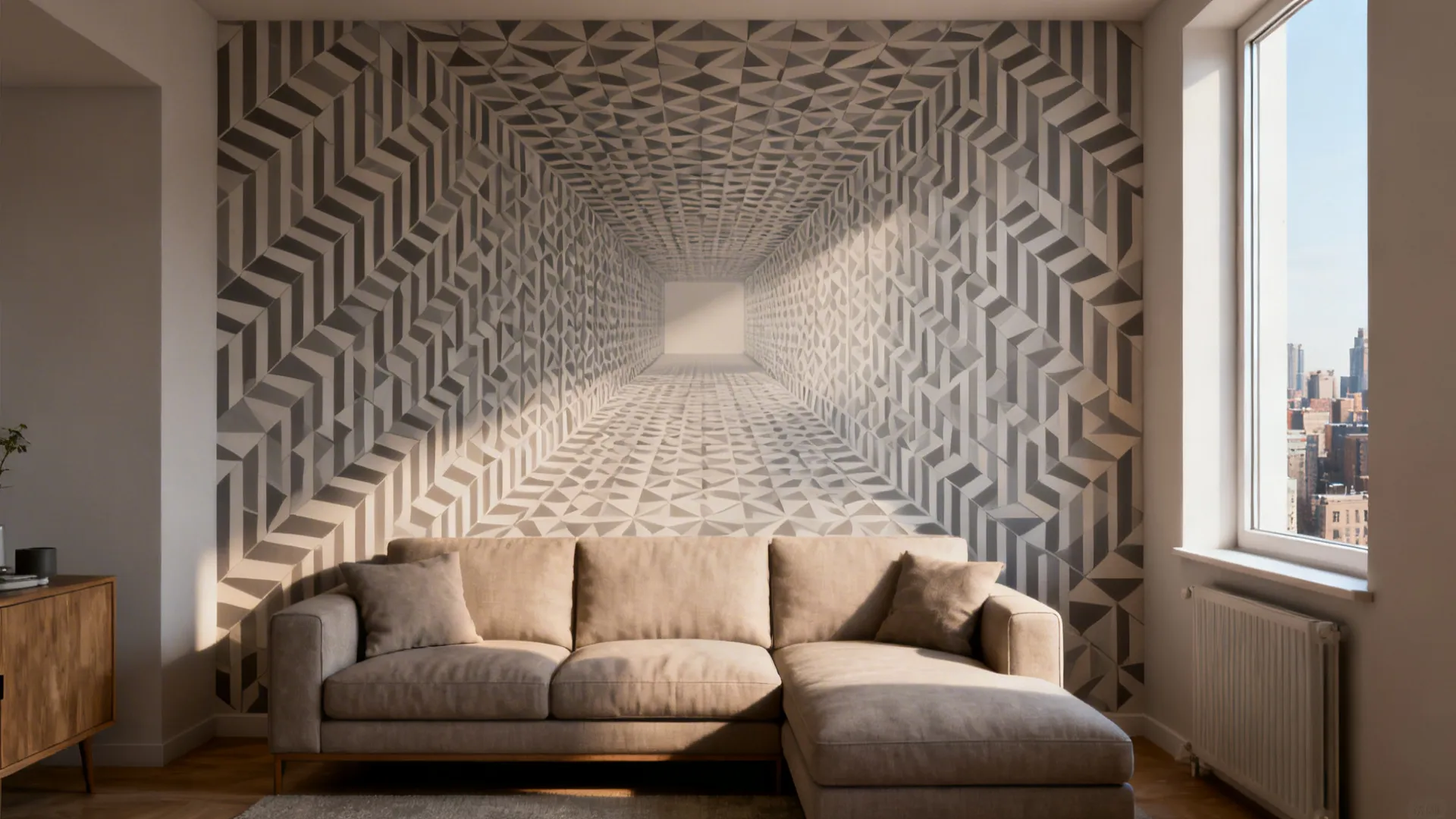 Small apartment living room with an oversized geometric wallpaper behind a sofa to create depth.