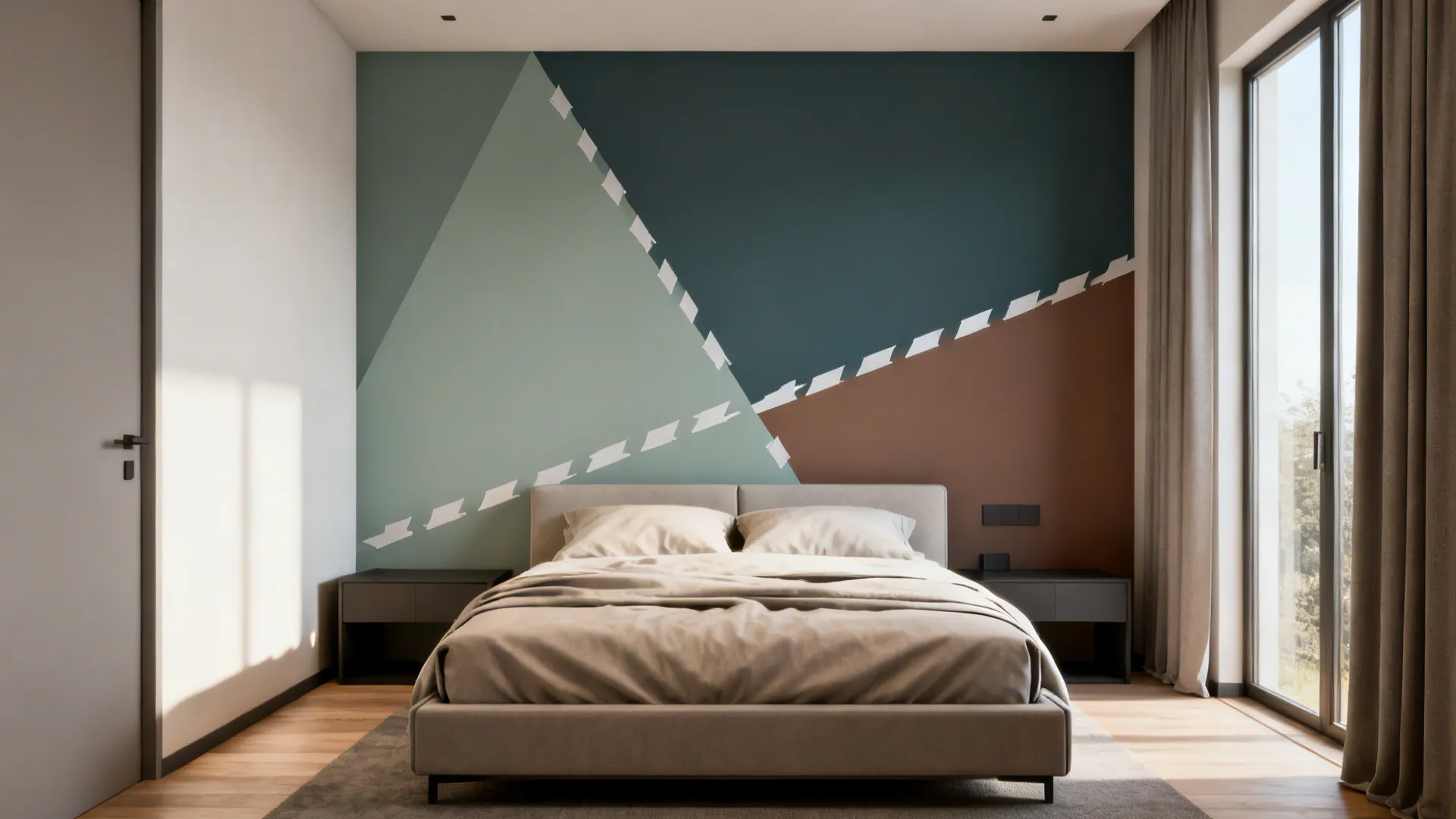 Small bedroom with a bold geometric accent wall using three complementary muted colors.