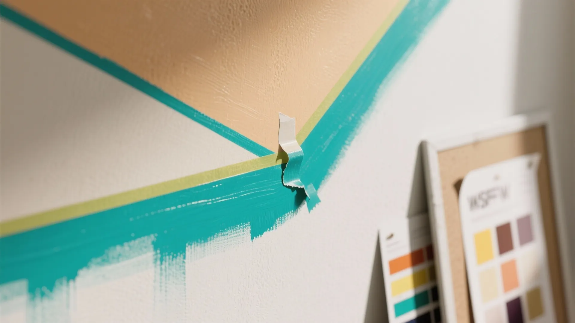 Teal and beige geometric wall painting using masking tape with color swatches in the background