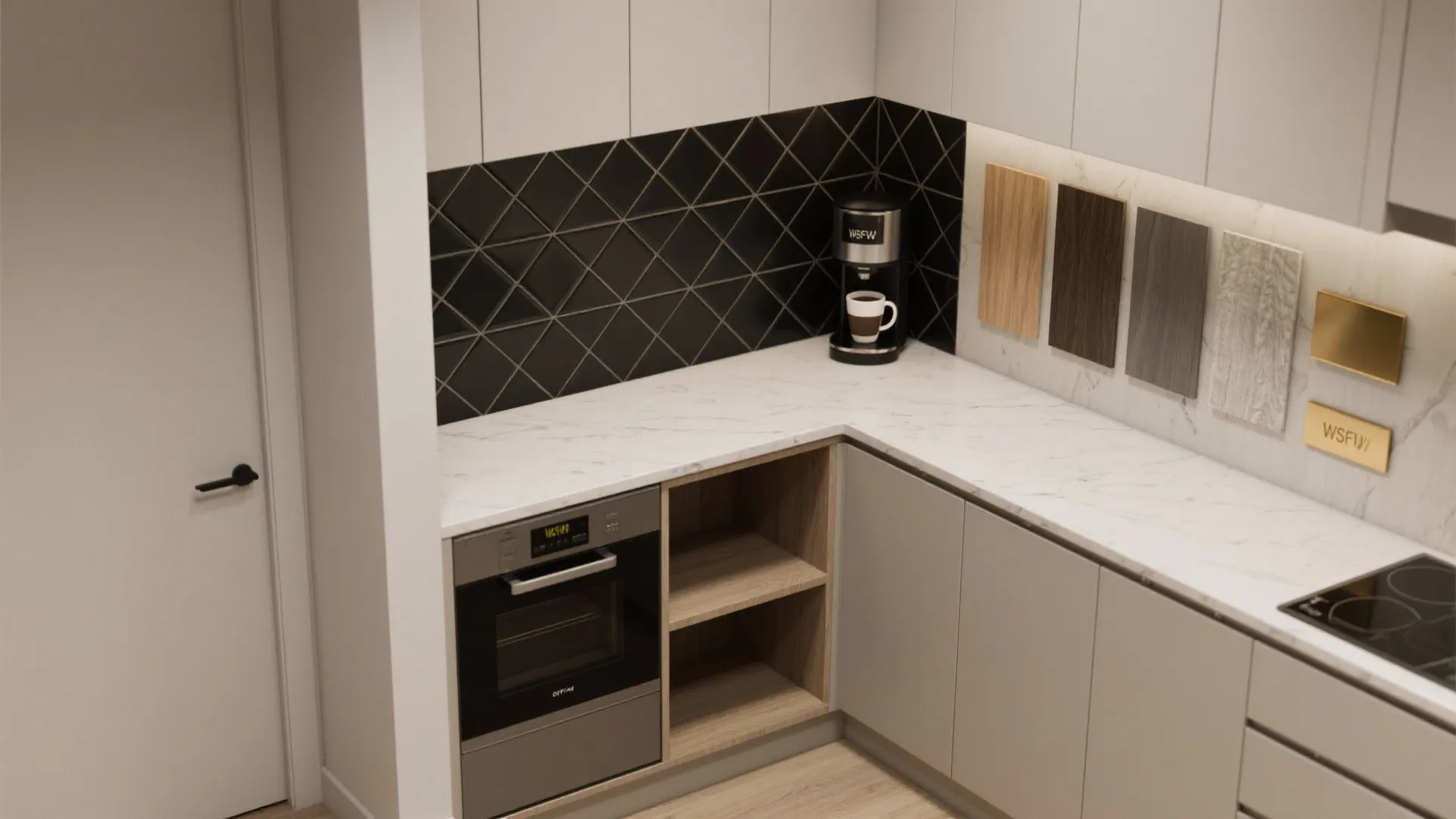 Top-down view of a geometric black tile accent behind a coffee nook with material swatches.