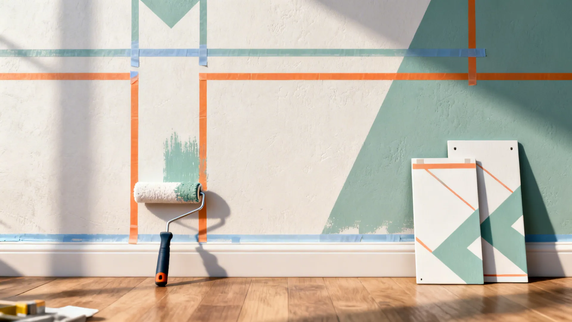 Geometric accent wall being painted with painter's tape and removable panels for a rental-friendly approach.