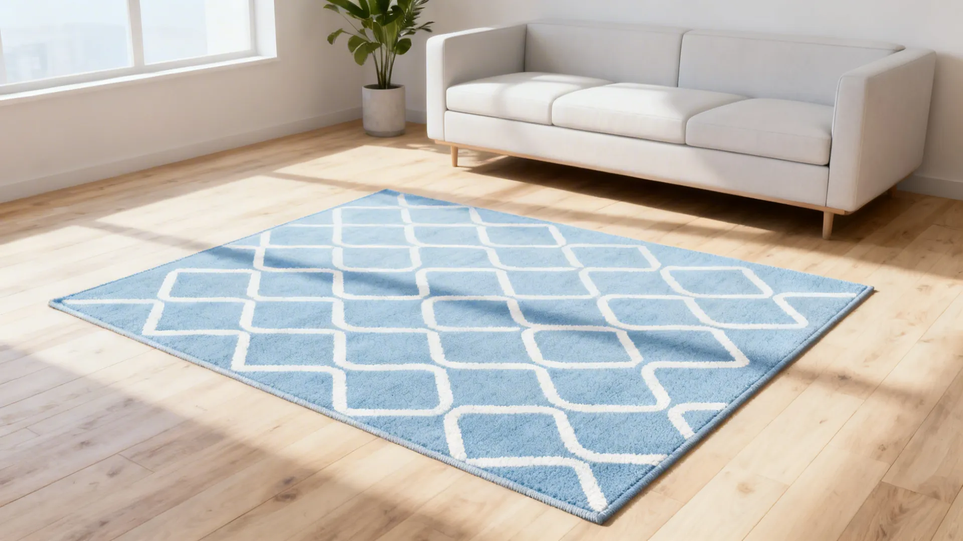 Blue rug with white geometric pattern on wooden floor near grey sofa and green plant