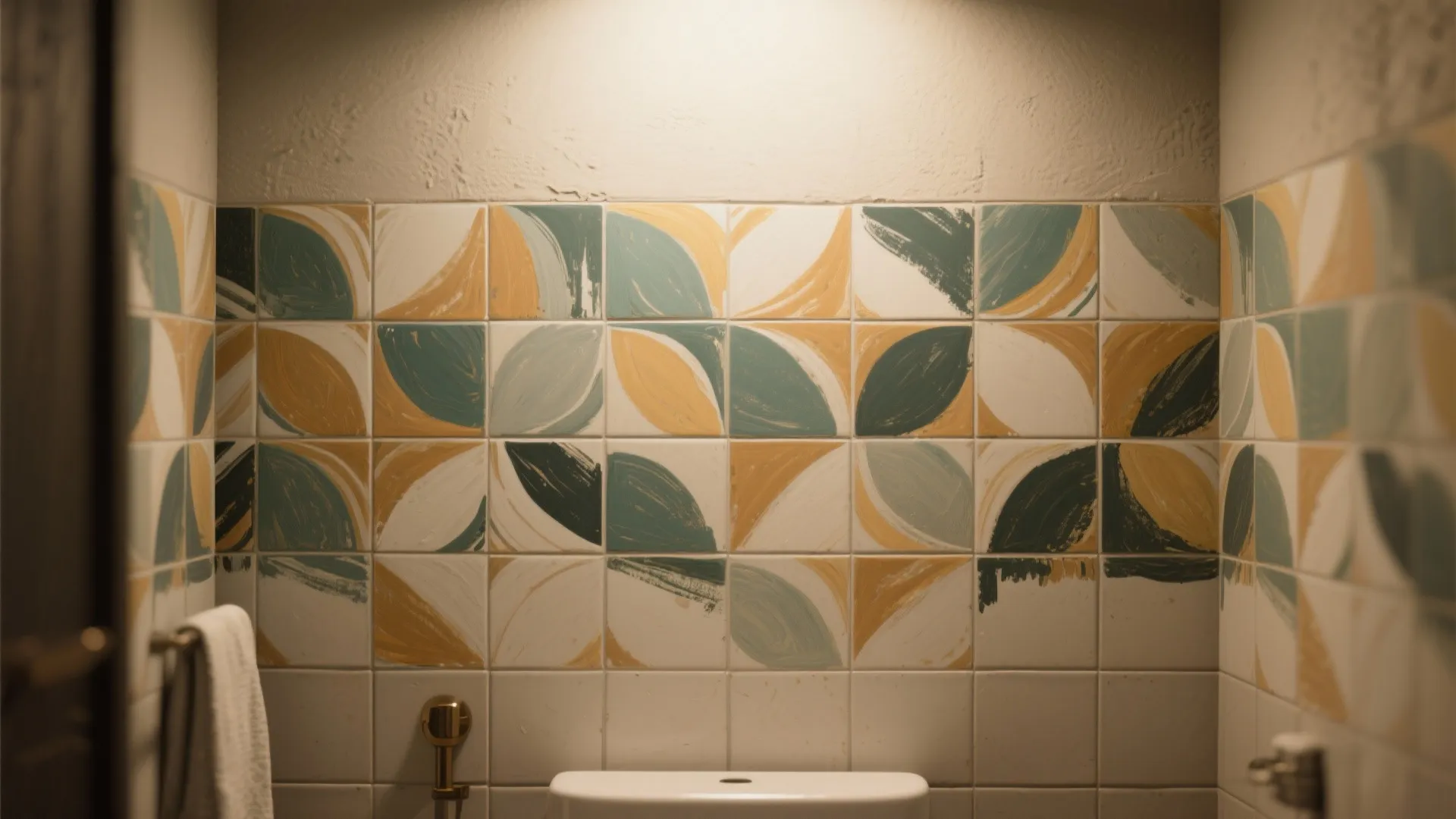 Hand-painted geometric pattern on bathroom tiles with visible brush texture and warm lighting.