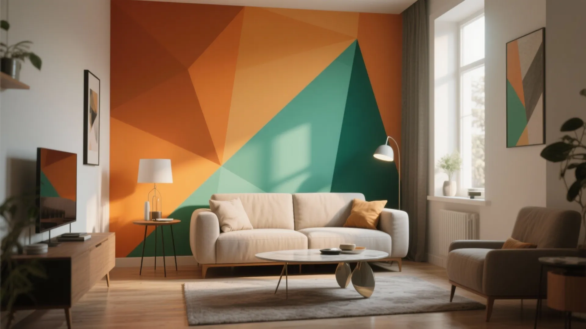 Living room featuring geometric wall paint, beige sofa, marble coffee table, floor lamp, and cabinet