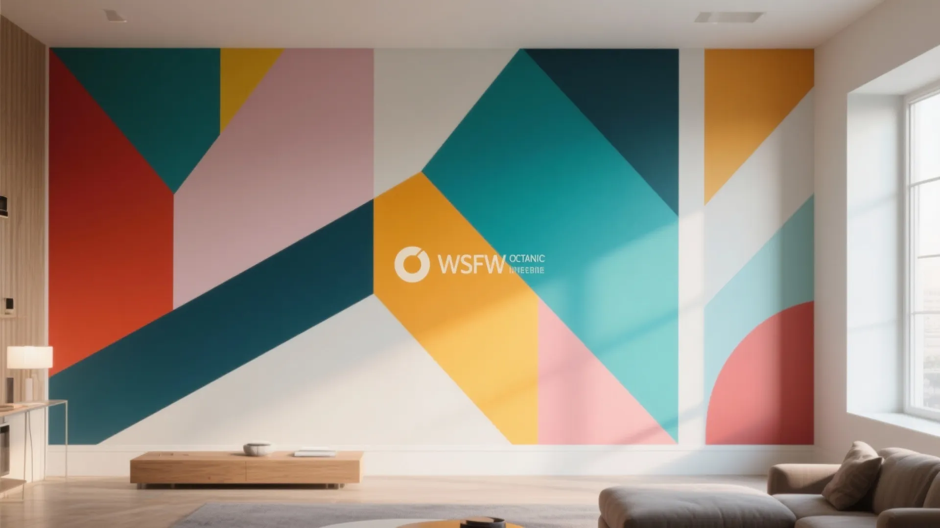 Large living room wall with colorful geometric pattern paint design near sofa and wooden table