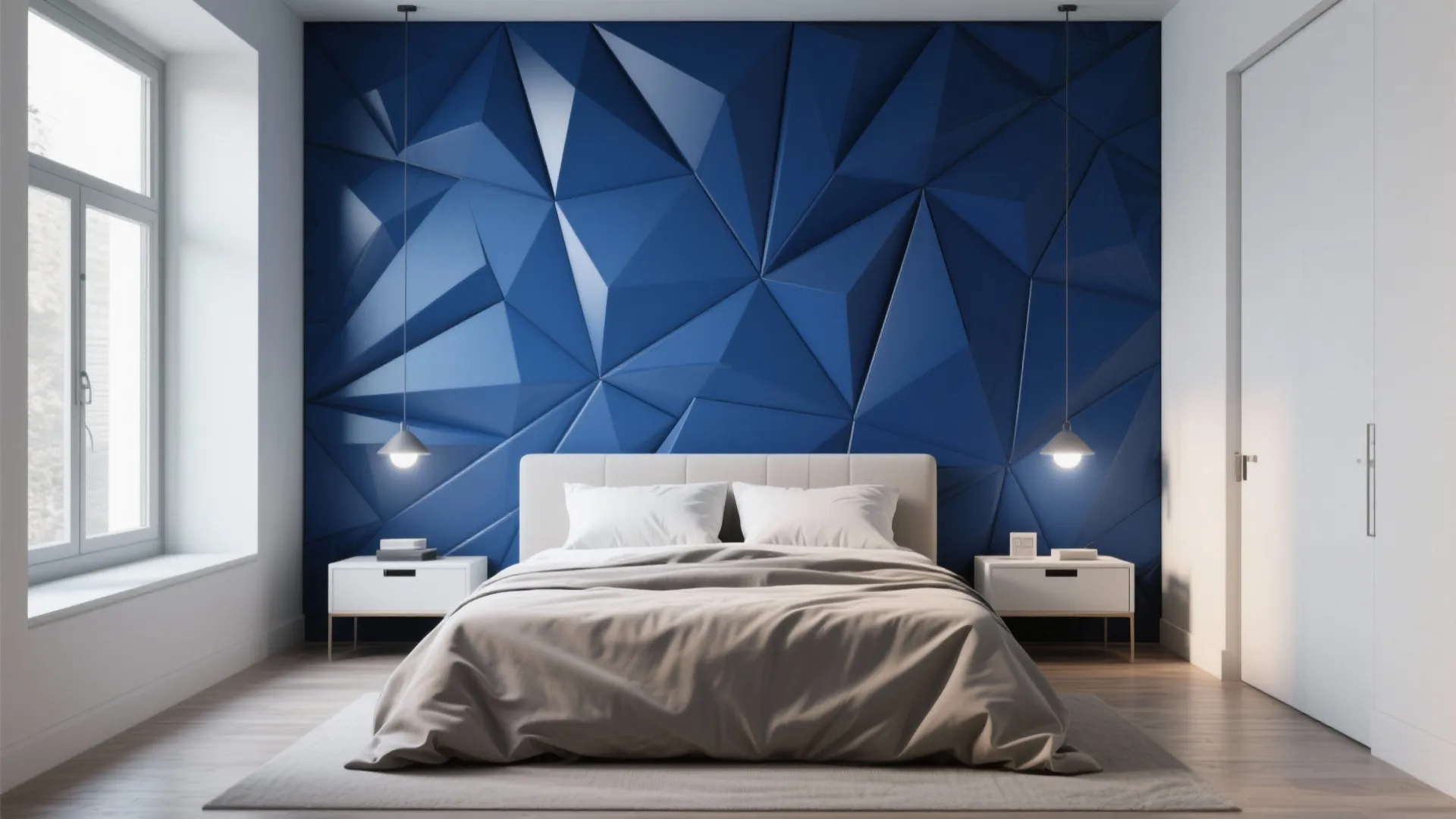 Contemporary bedroom with blue geometric 3D wall panel white nightstands and simple grey bedding set