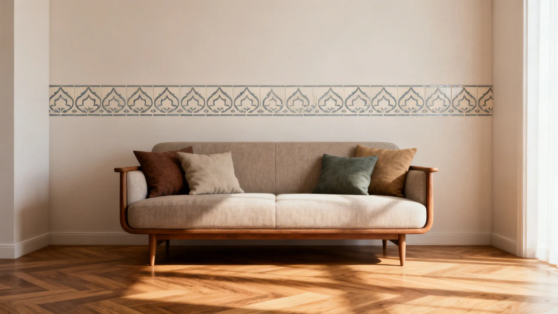 Small living room with a narrow geometric Islamic pattern accent strip behind the sofa to visually widen the space.