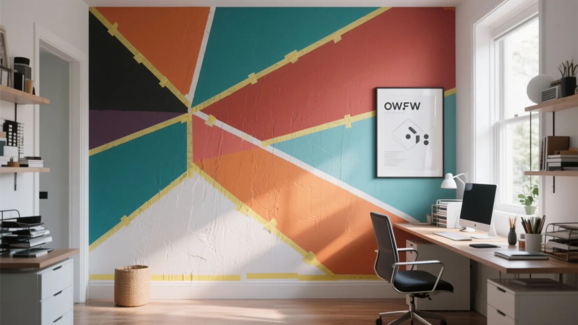 Home office with colorful geometric wall paint design featuring desk chair and wooden storage shelves