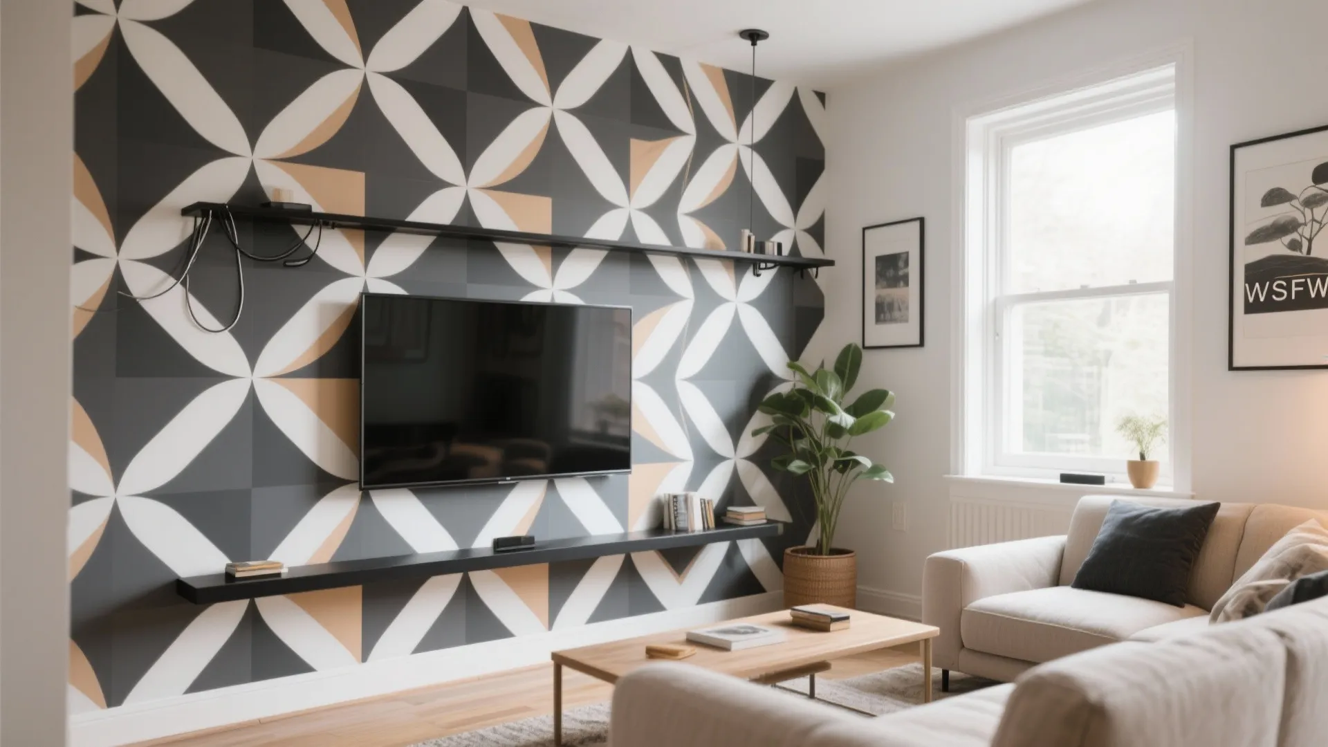 Living room featuring geometric pattern wall panel television black wall shelves sofa and coffee table