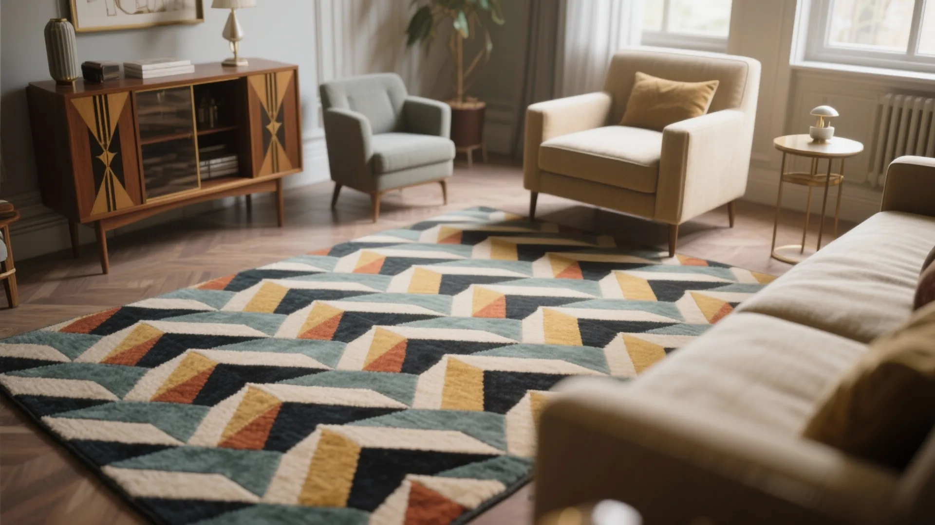 Living room area with large geometric patterned rug wooden cabinet two armchairs and soft sofa