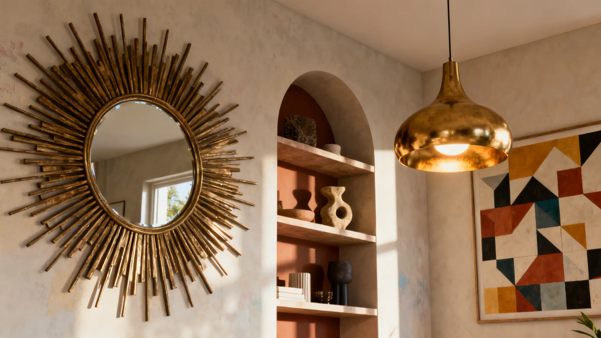 Brass pendant light and geometric wall art in a mid-century living room