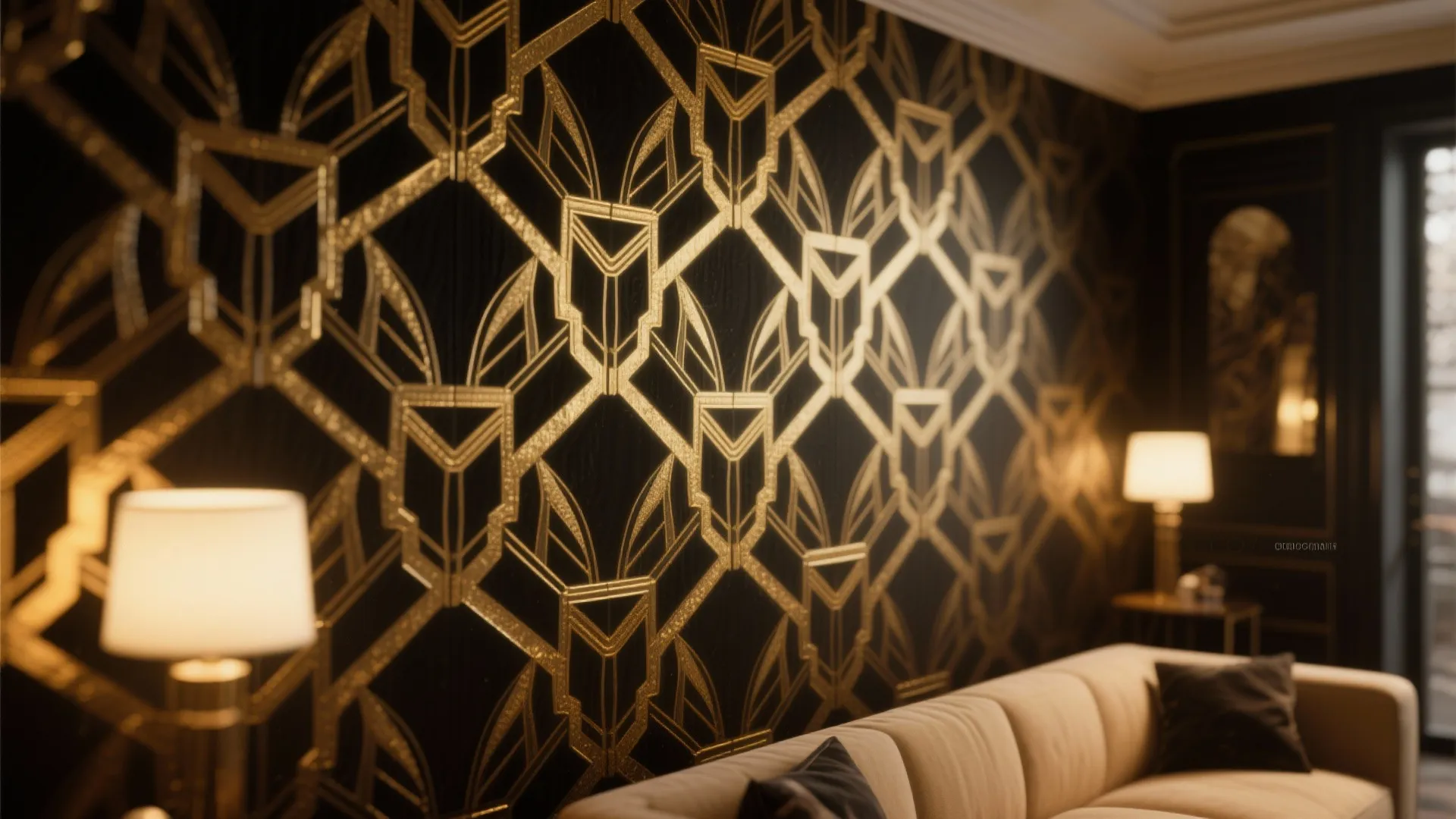 Detailed view of gold and black geometric Art Deco wallpaper