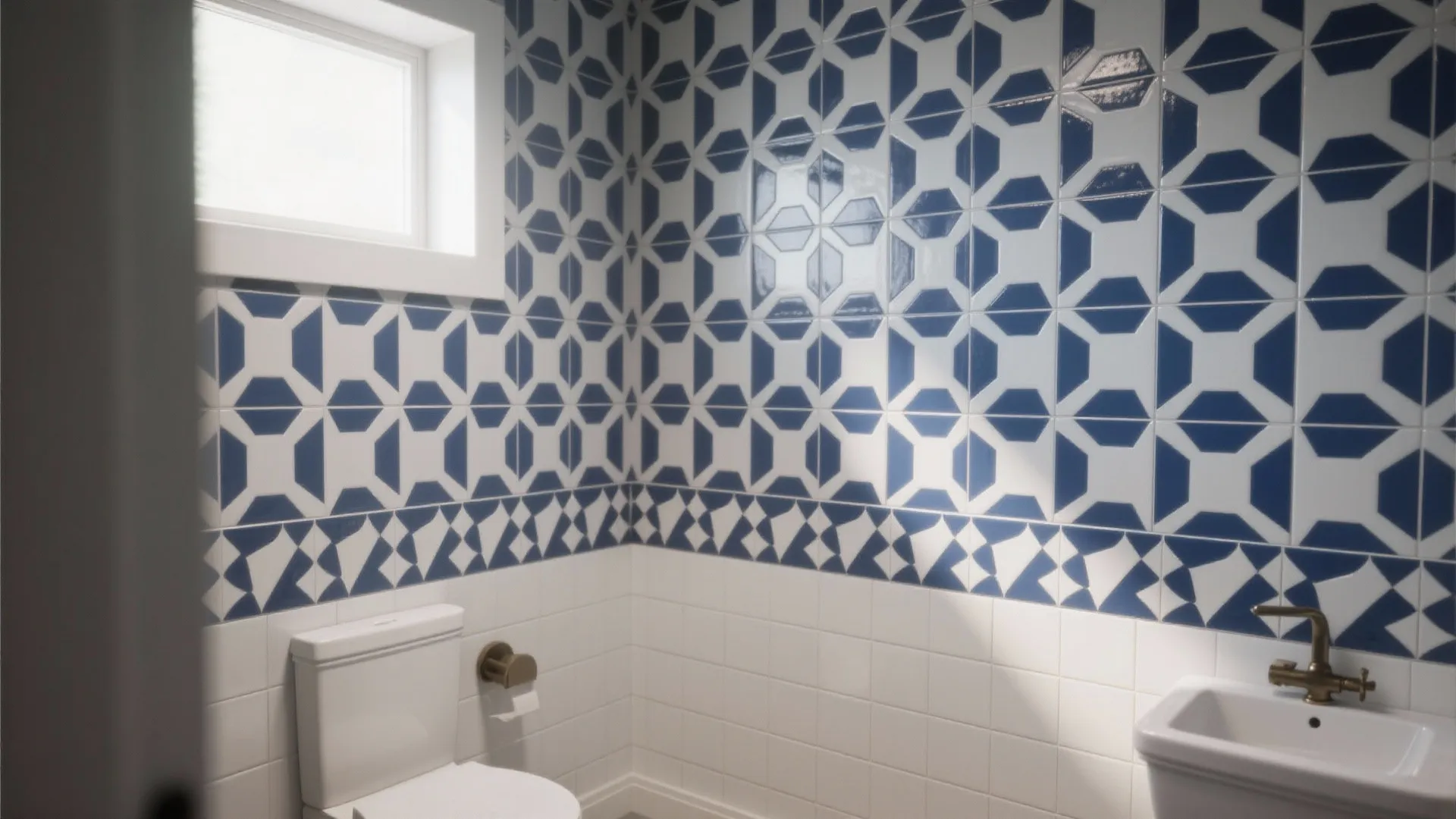 Small bathroom showcasing a bold 6–8 inch geometric tile band at half wall height as the focal point.