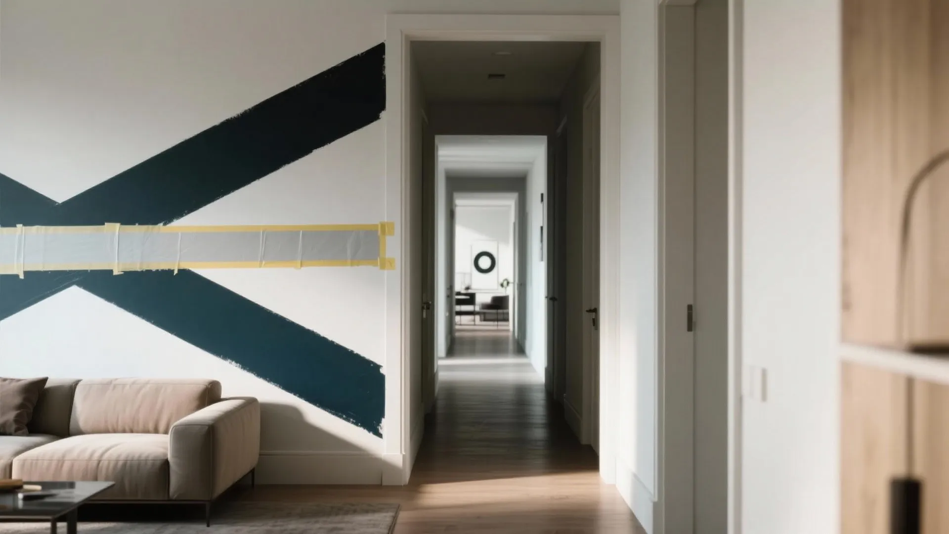 Hallway with a crisp geometric accent band across the wall, showing taped edges and angled painted shapes that elongate the space.