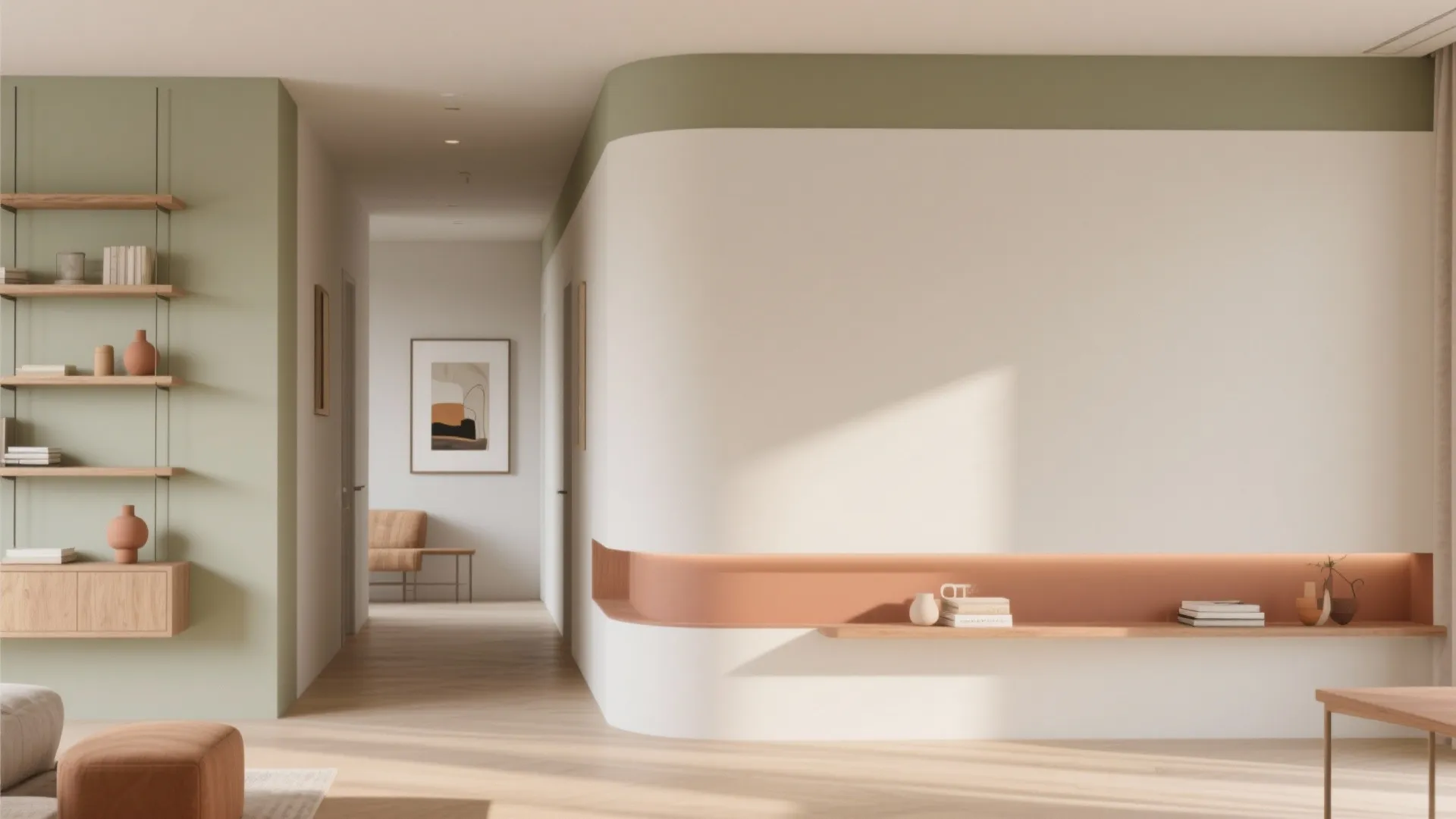 Minimalist modern interior with curved white wall orange shelf wooden floor green trim and hallway