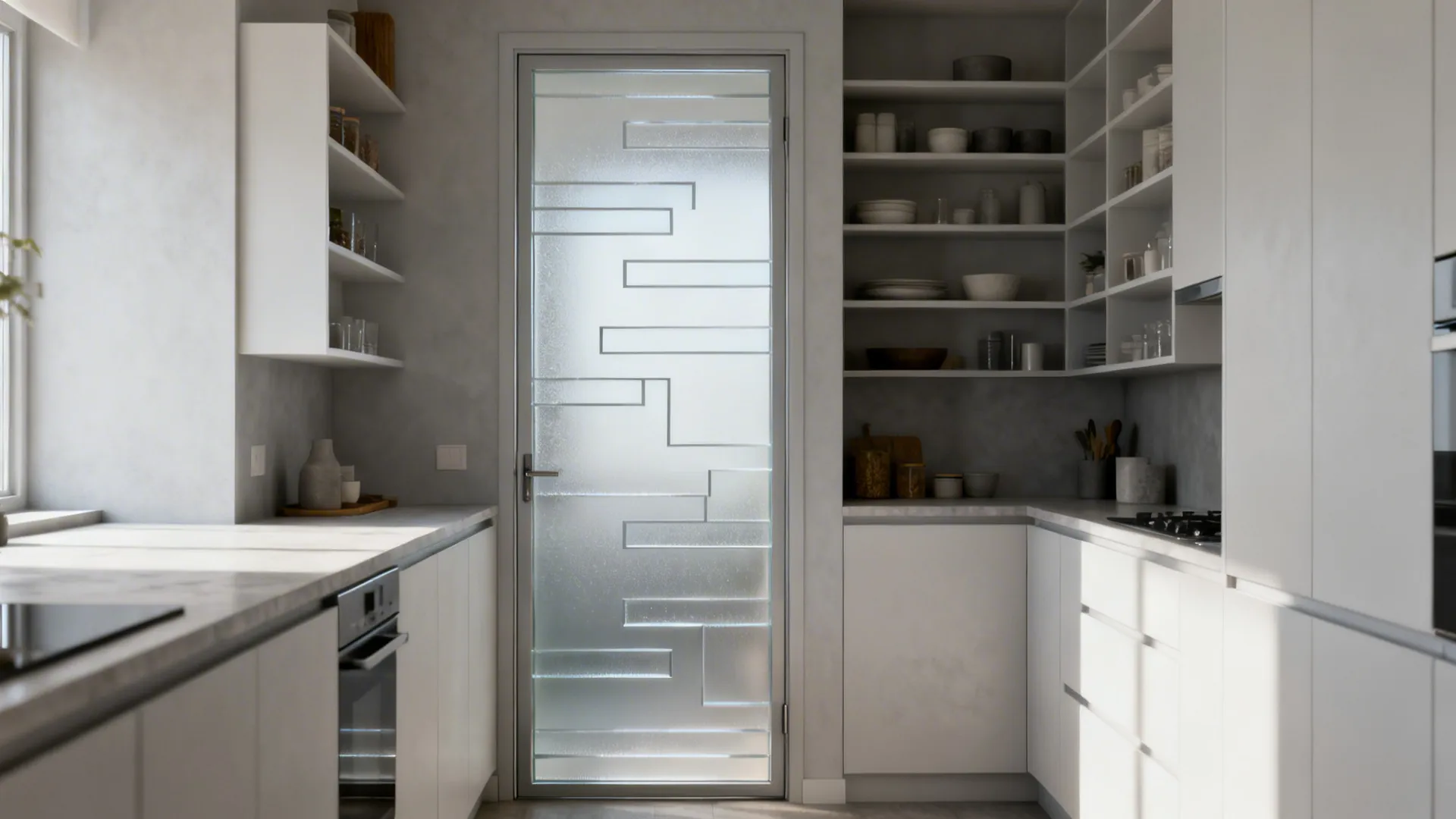 Kitchen glass door with geometric frosted bands and clear gaps aligned to shelves for a modern organized look.