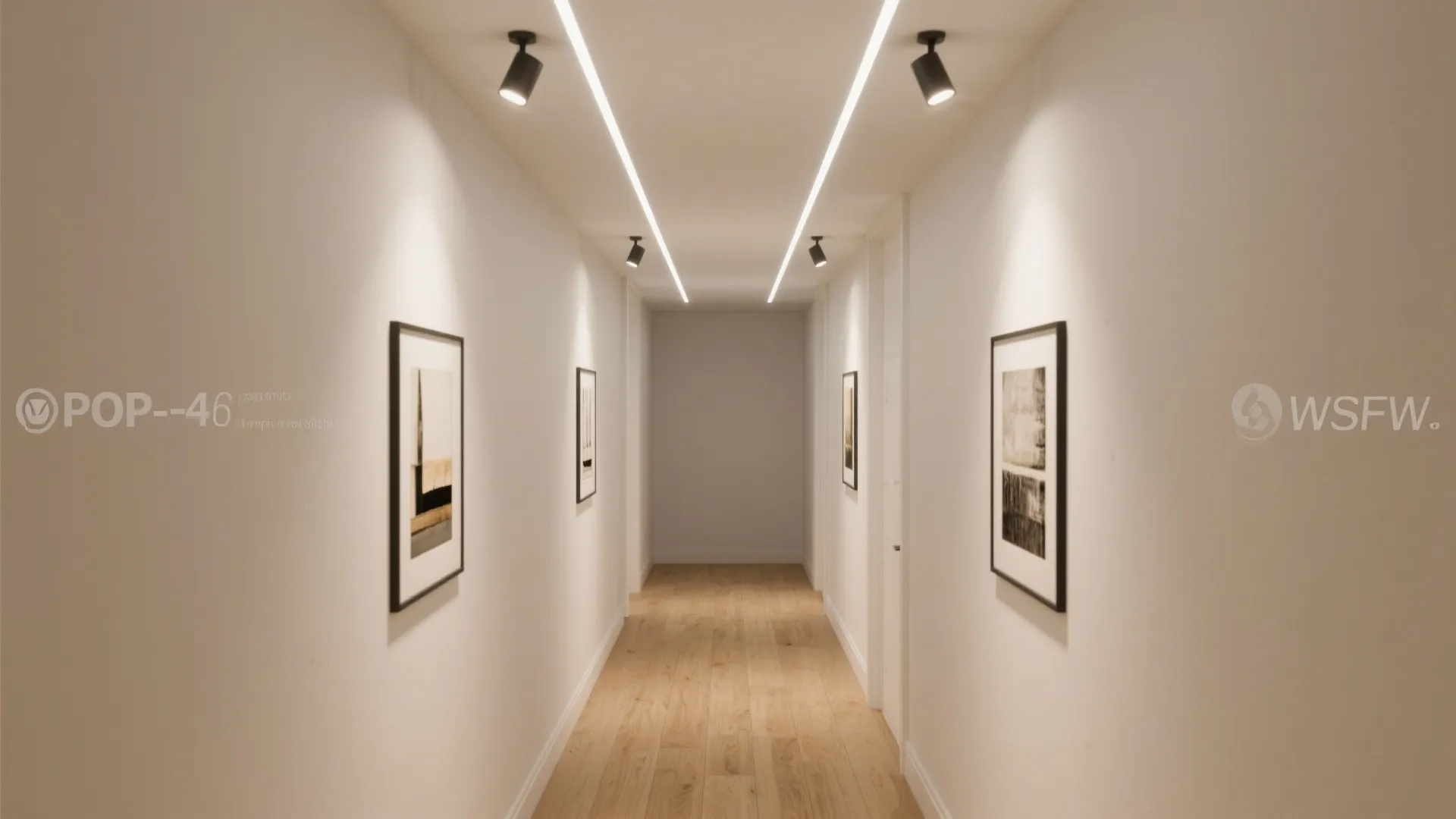 White hallway featuring wooden floor with bright linear ceiling light strips and small black spotlights