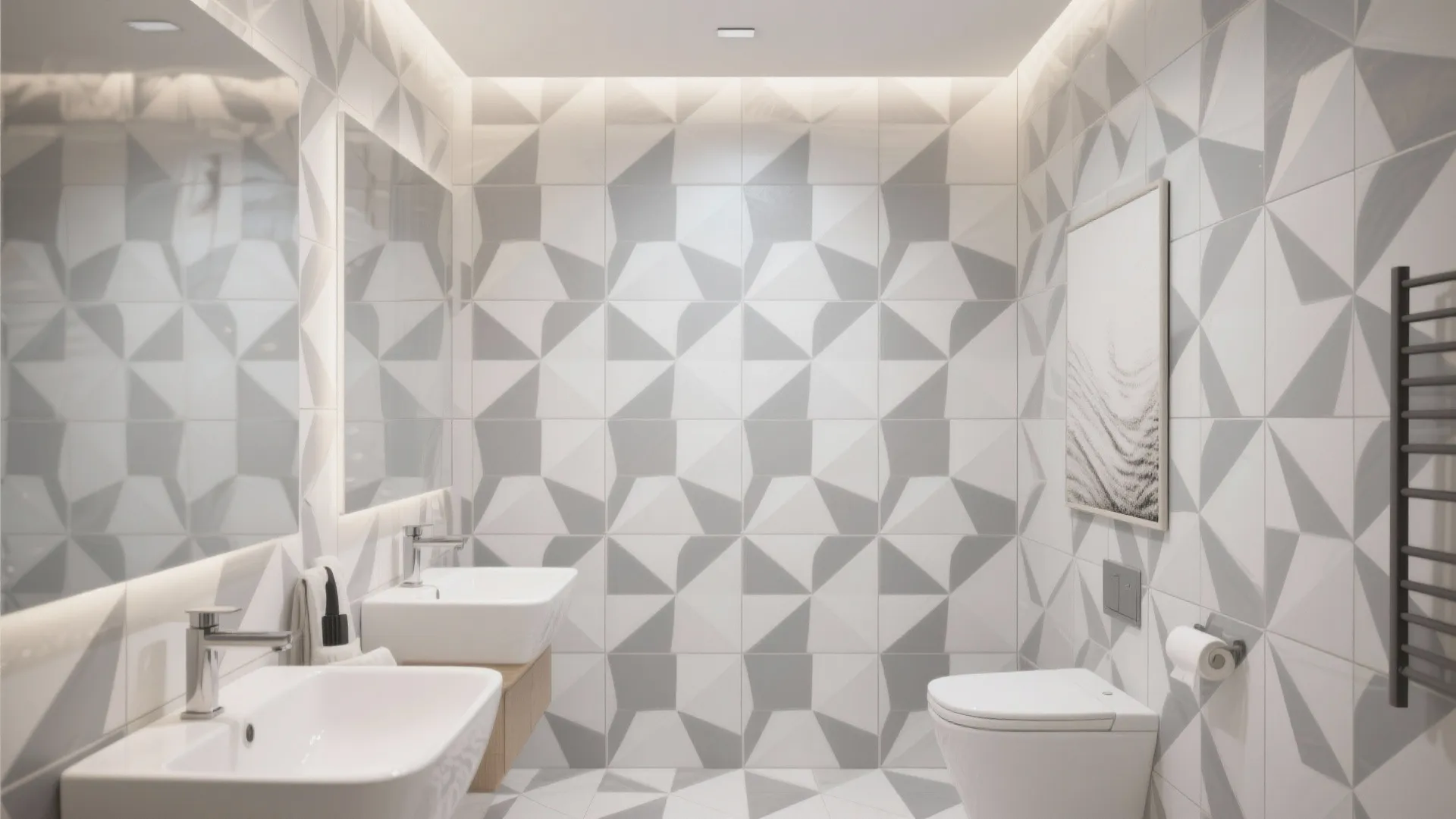 Modern bathroom with geometric grey and white wall tiles two sinks mirrors and white toilet