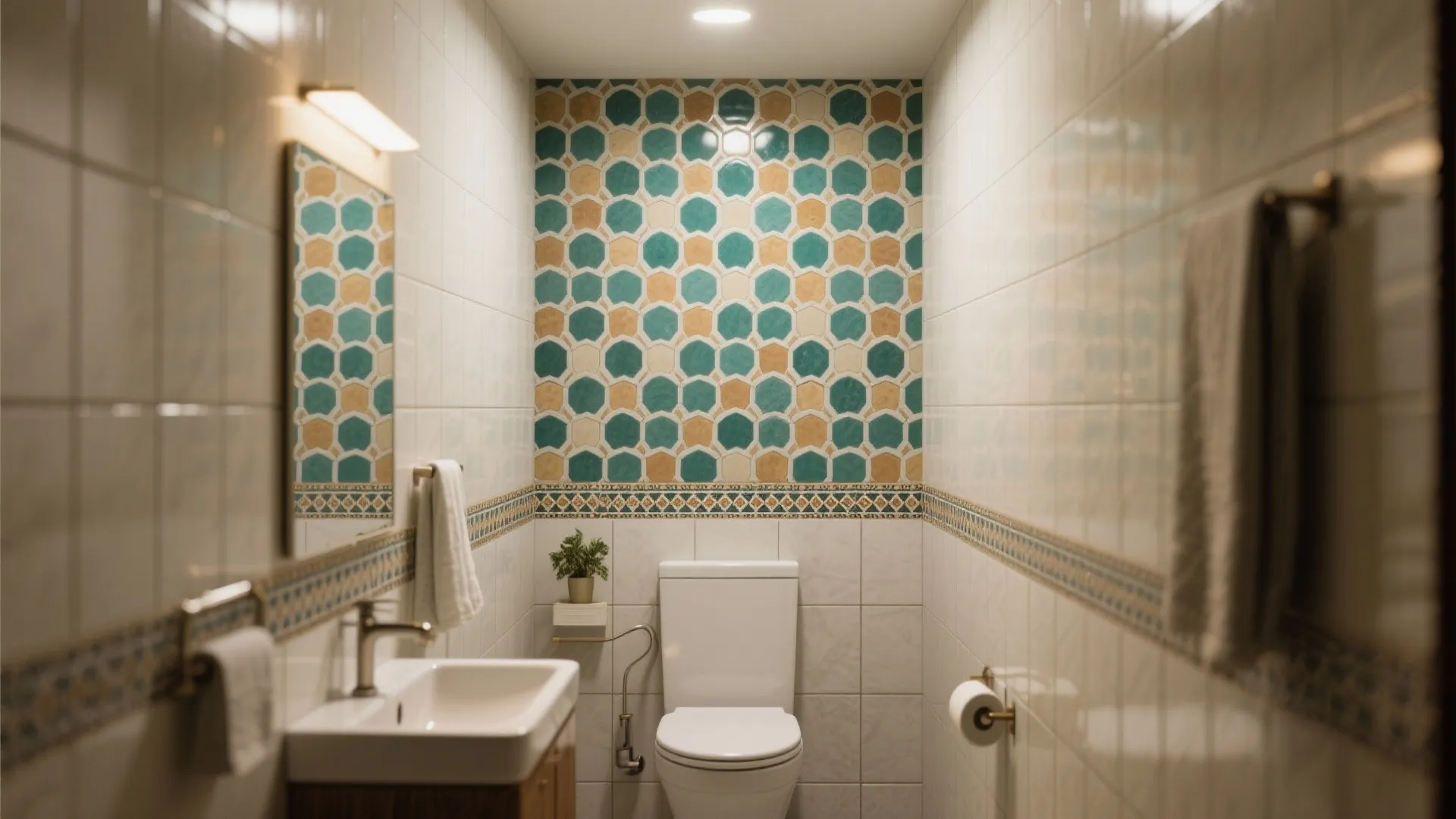 Small bathroom with colorful hexagon wall tiles behind a white toilet and a wall light