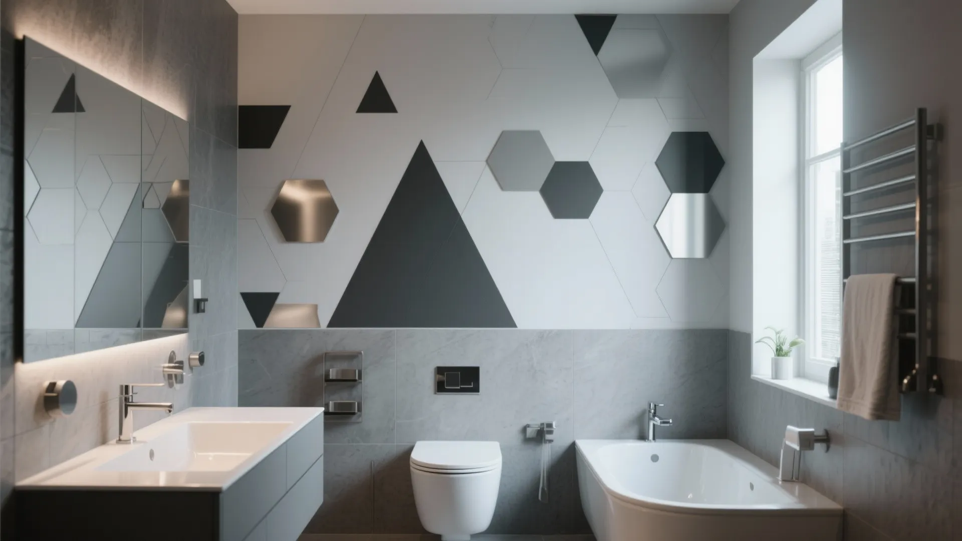 Modern bathroom with geometric pattern wall decals on one accent wall