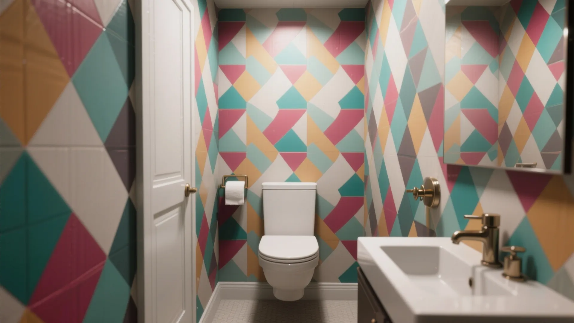 Modern small bathroom featuring colorful geometric wall tiles white toilet sink and gold colored metal hardware