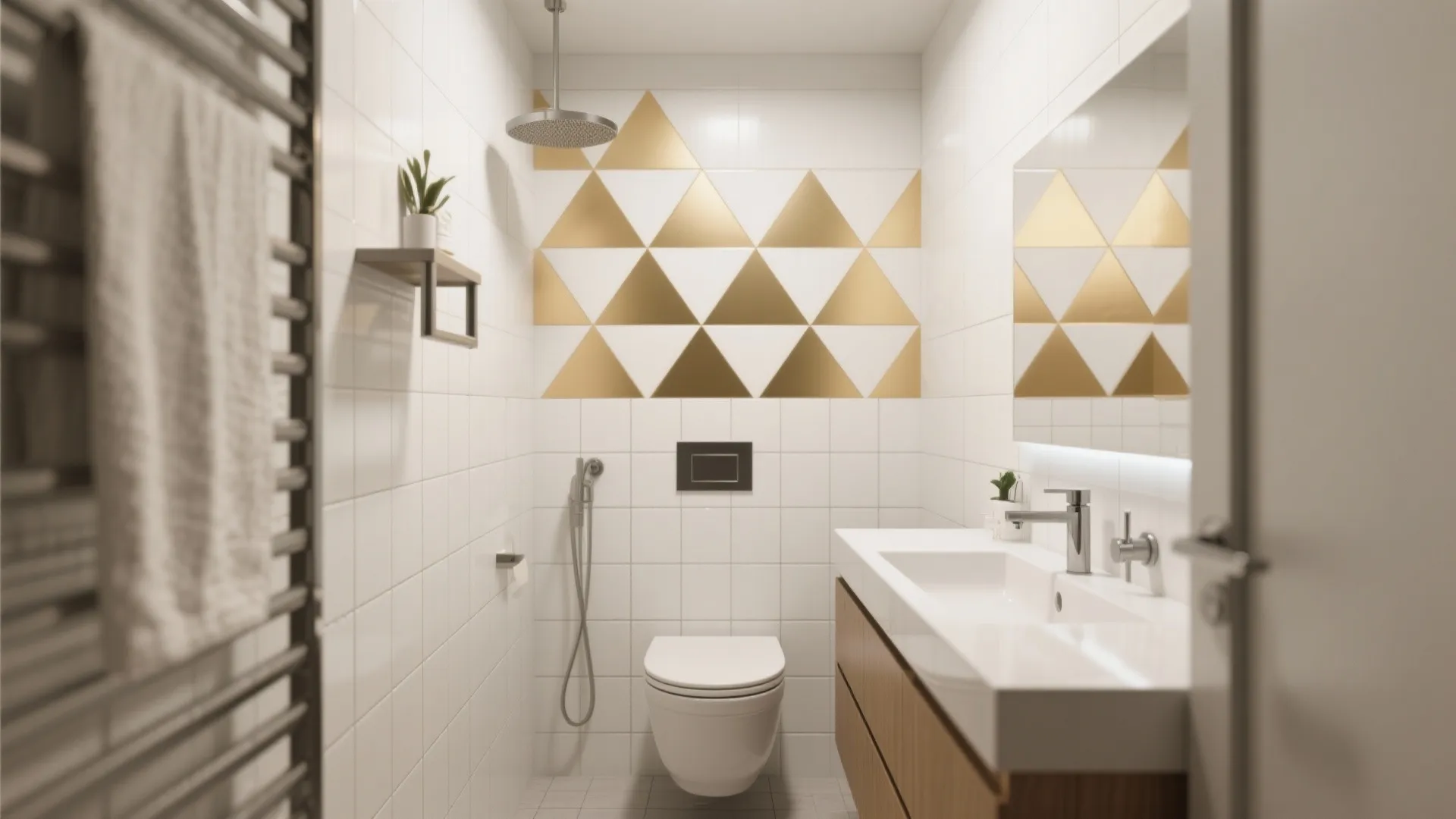 Small bathroom with muted gold geometric triangle decals on accent wall