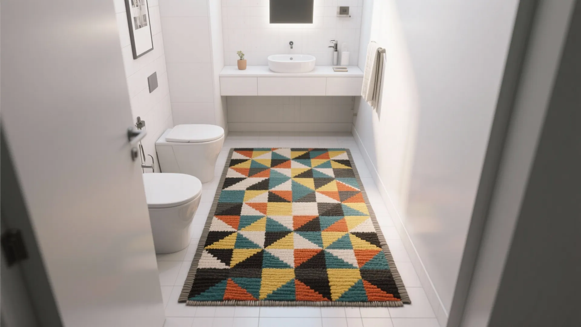 Modern white bathroom with geometric colorful rug, white toilet, sink, wall mirror and bright light