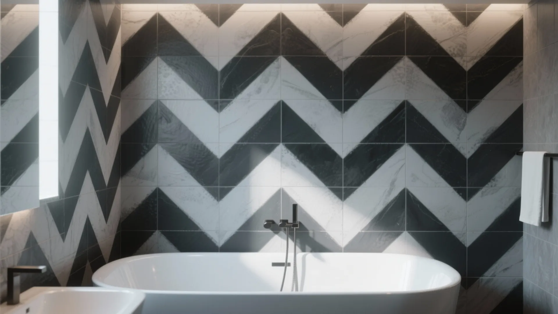 Modern bathroom with black and white chevron pattern wall tiles, white bathtub, and silver water tap