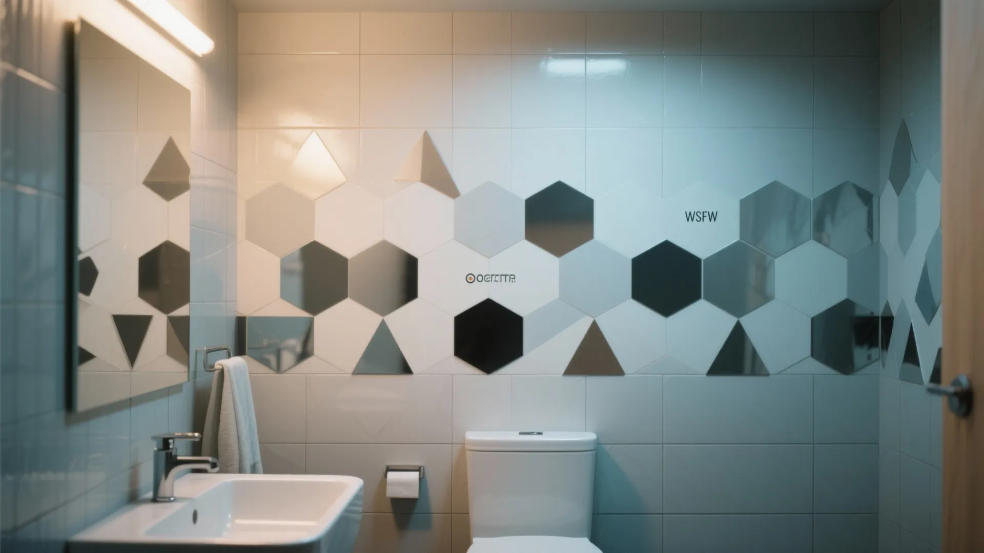 Modern bathroom featuring white and grey hexagon wall tiles with a sink and white toilet