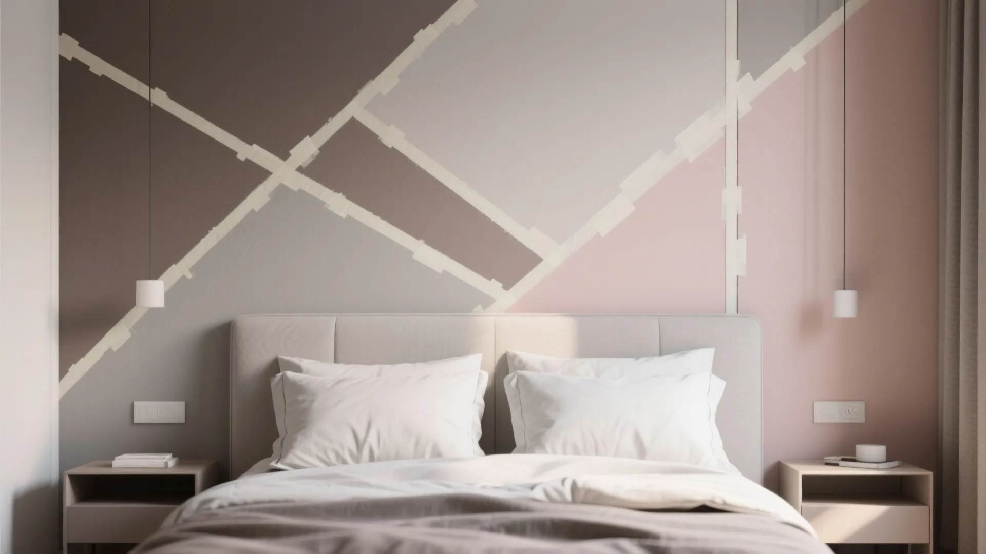 Modern bedroom with pink and grey wall paint using white tape to create simple pattern shapes