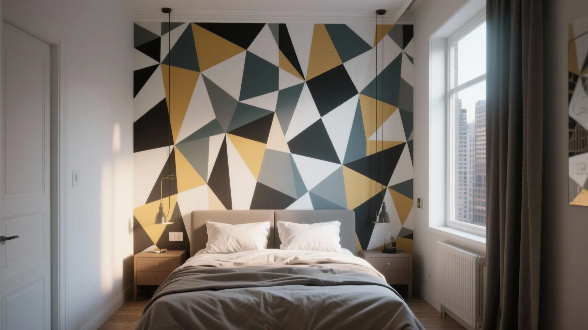 Modern bedroom featuring a colorful geometric triangle wall mural behind a grey bed with white pillows