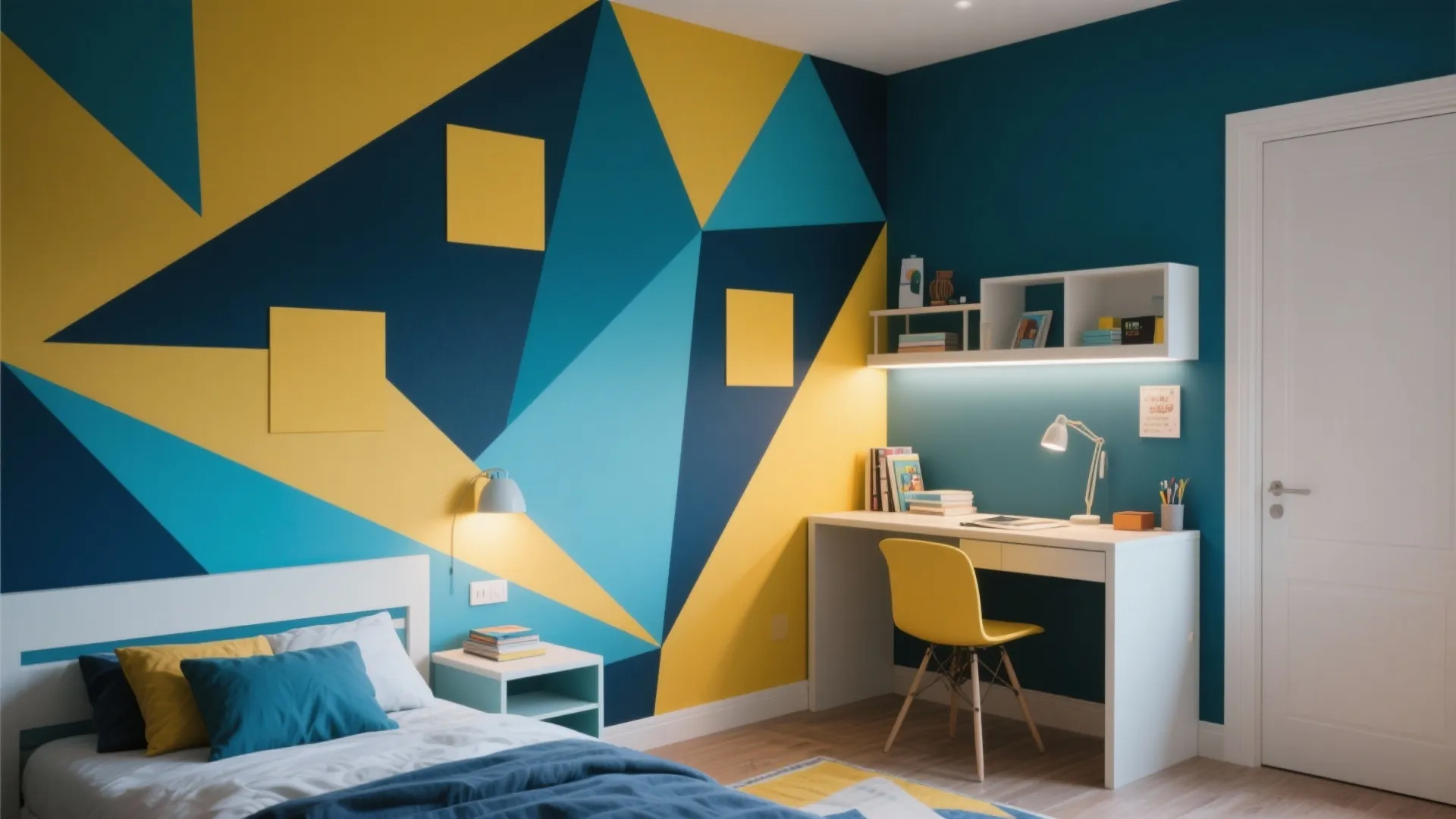 Boy bedroom with blue and yellow geometric wall paint and a white modern study desk