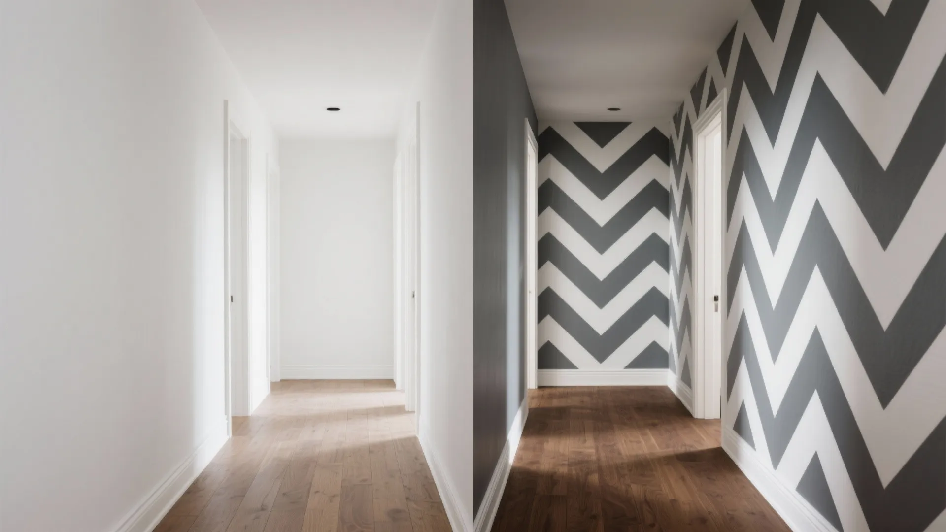 Before and after hallway comparison showing plain white walls versus grey and white zigzag pattern