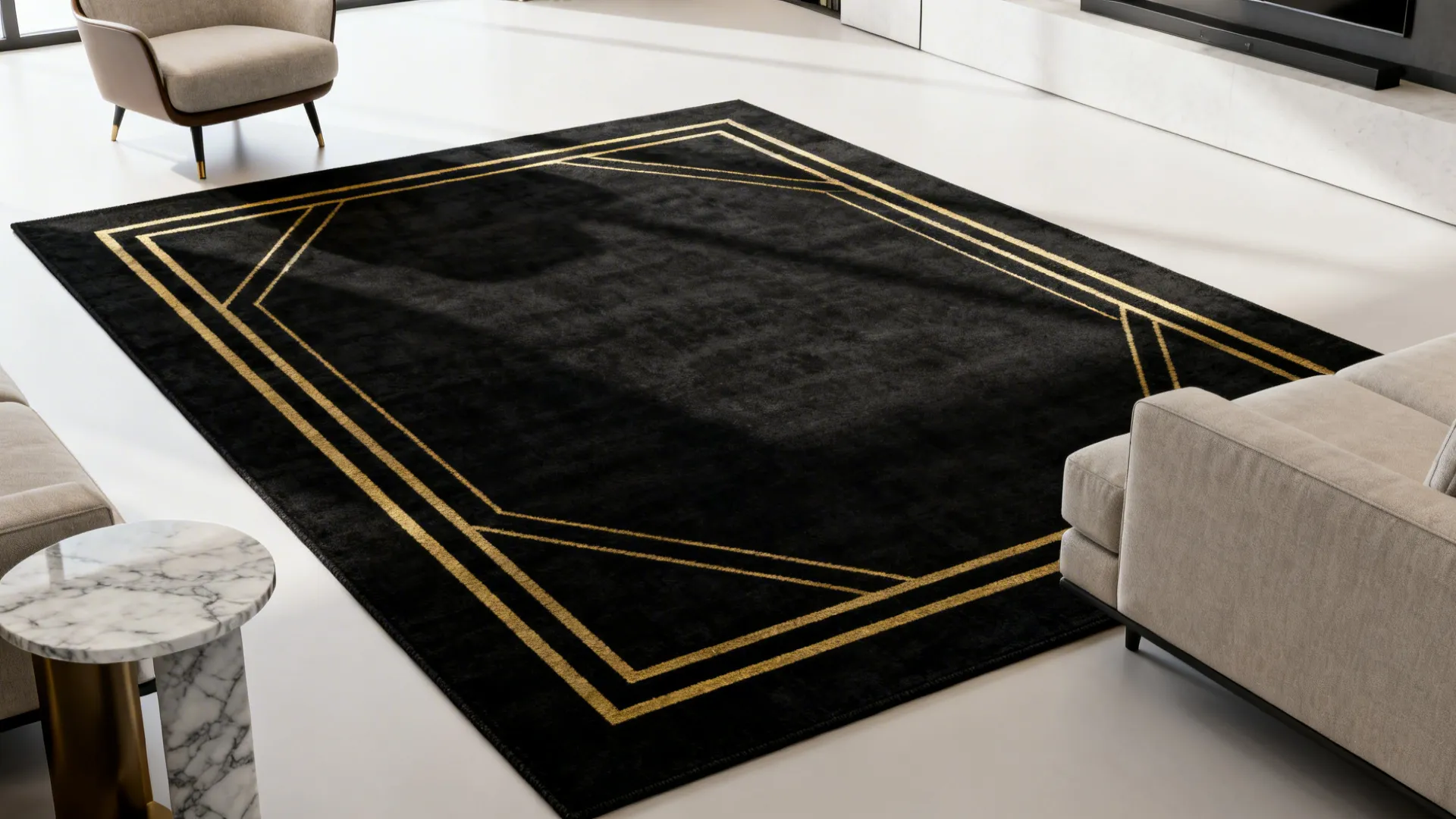 Modern minimal living room with a geometric black rug with crisp gold lines and marble accents.
